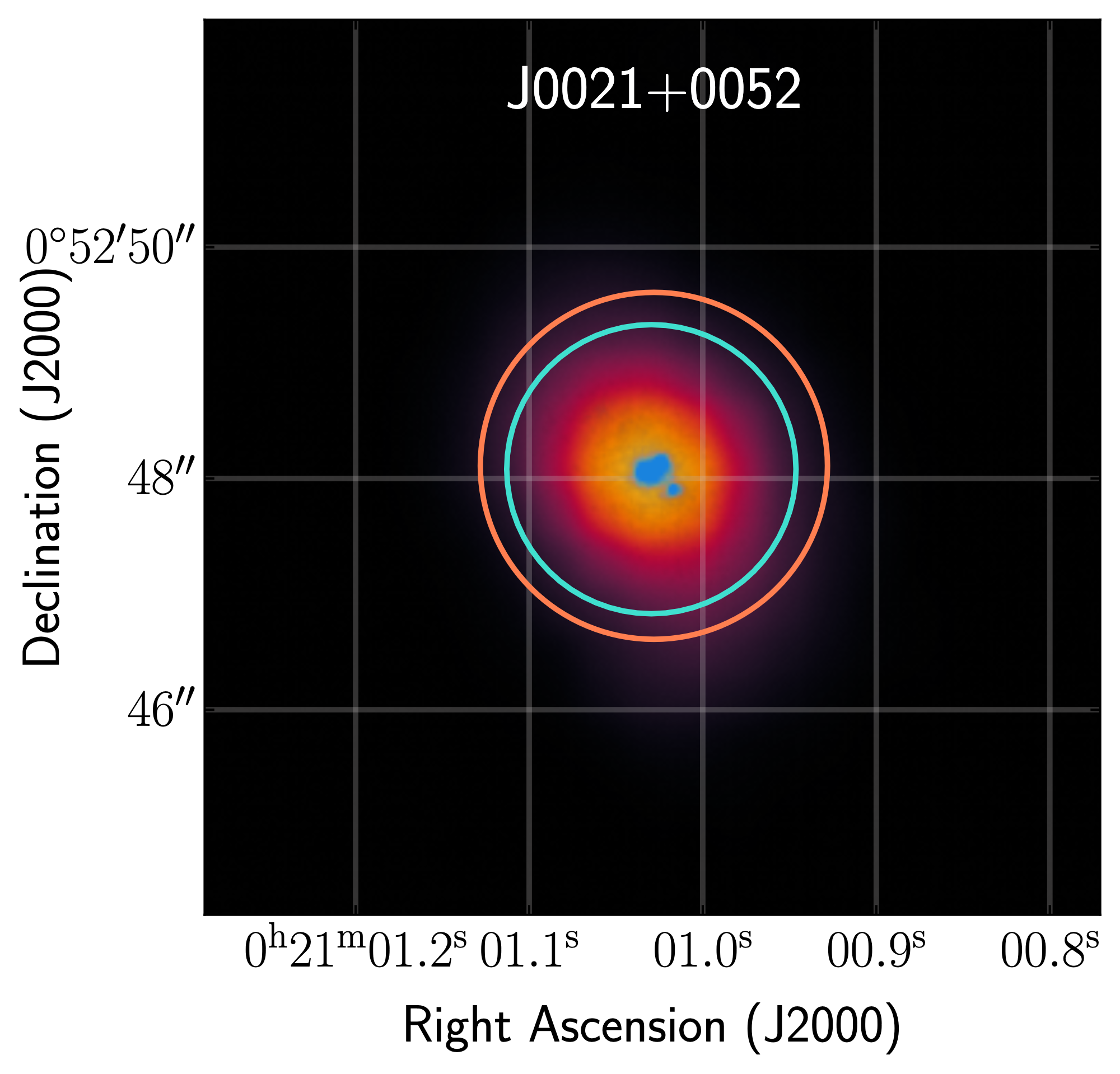 An image of the galaxy plotted by sky coordinates RA and dec. The galaxy is centered with yellow denoting its brighter parts and purple denoting its fainter parts.