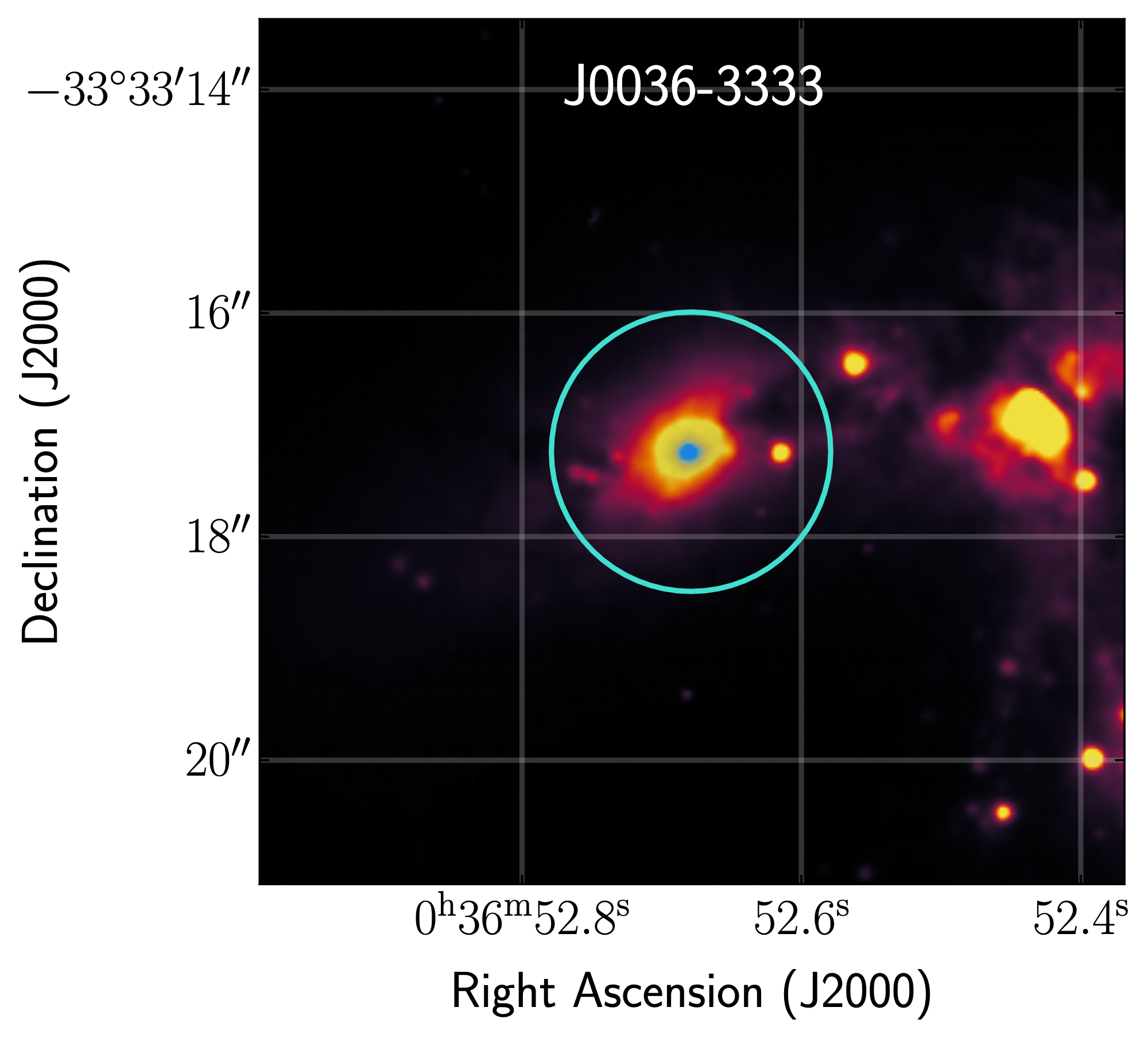 An image of the galaxy plotted by sky coordinates RA and dec. The galaxy is centered with yellow denoting its brighter parts and purple denoting its fainter parts.
