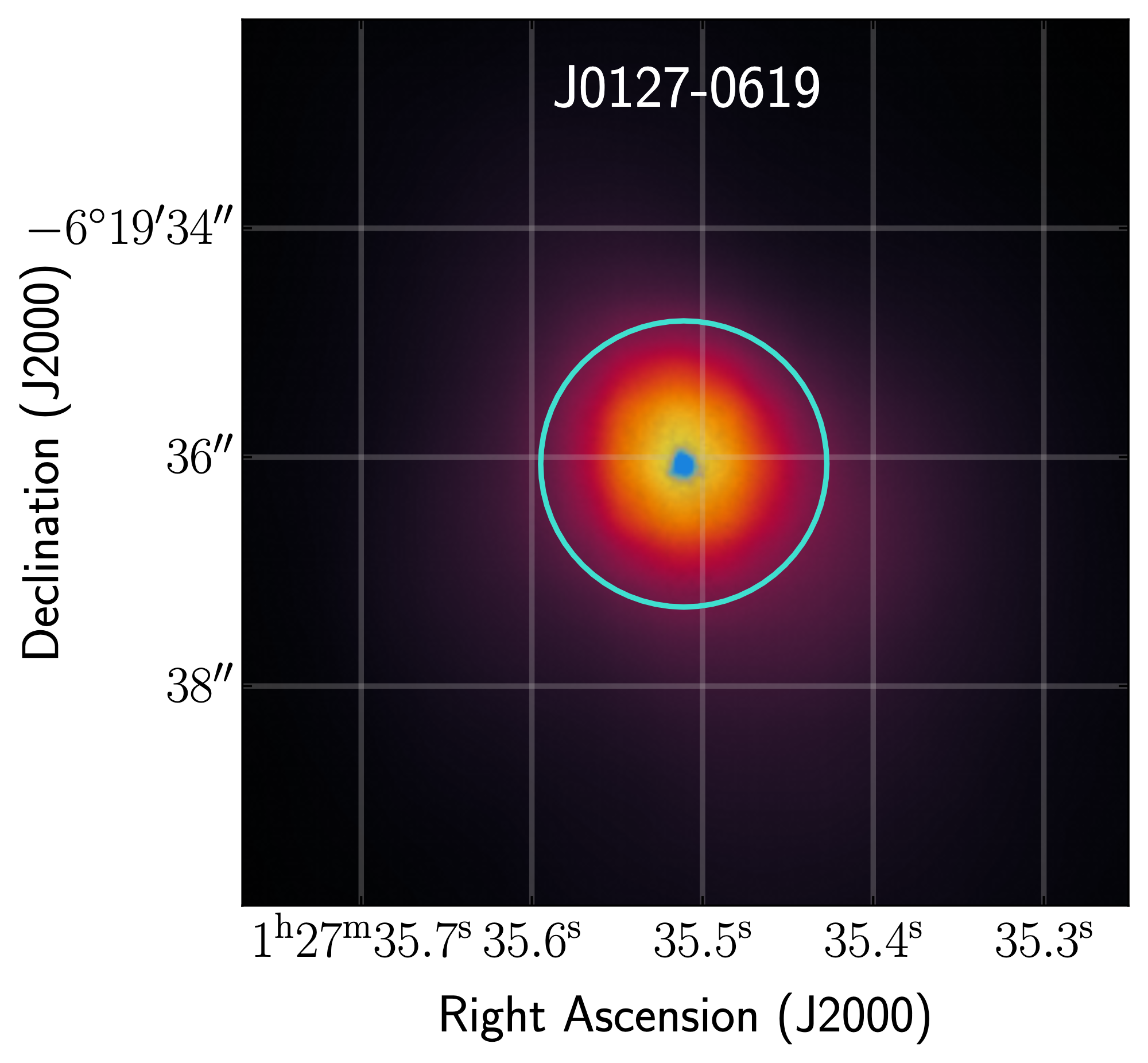 An image of the galaxy plotted by sky coordinates RA and dec. The galaxy is centered with yellow denoting its brighter parts and purple denoting its fainter parts.