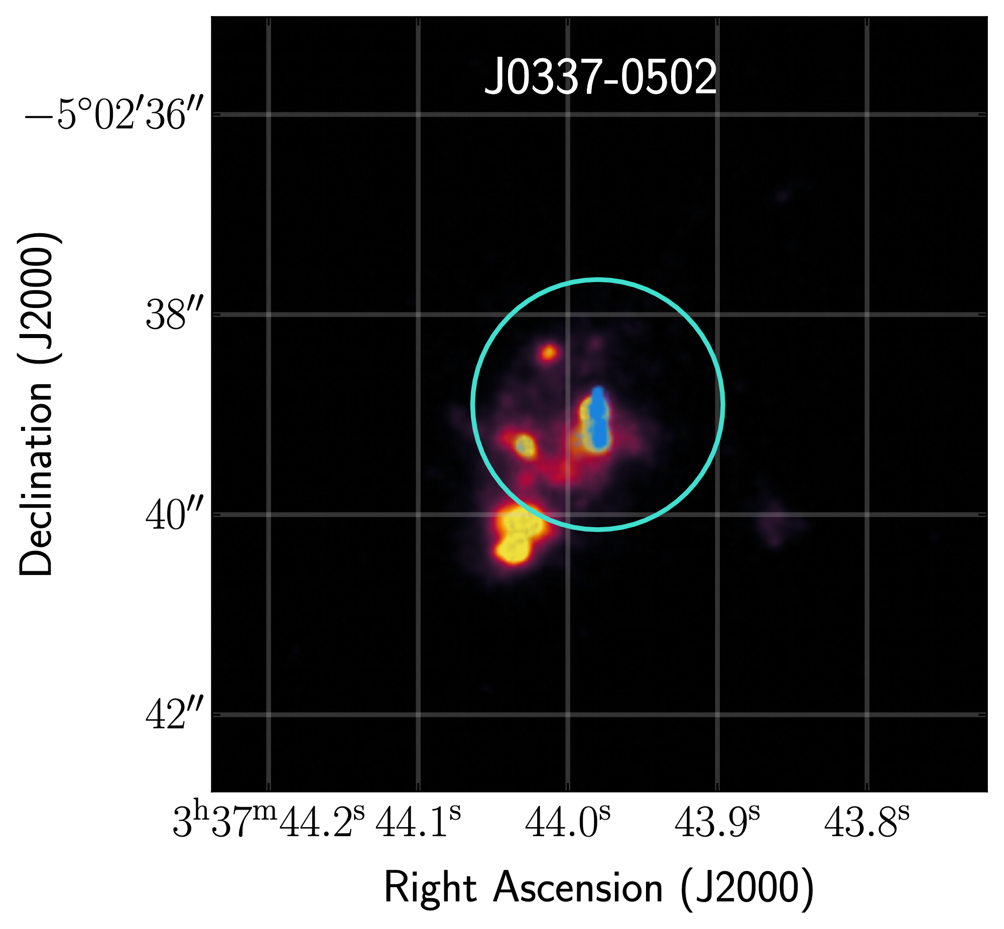 An image of the galaxy plotted by sky coordinates RA and dec. The galaxy is centered with yellow denoting its brighter parts and purple denoting its fainter parts.