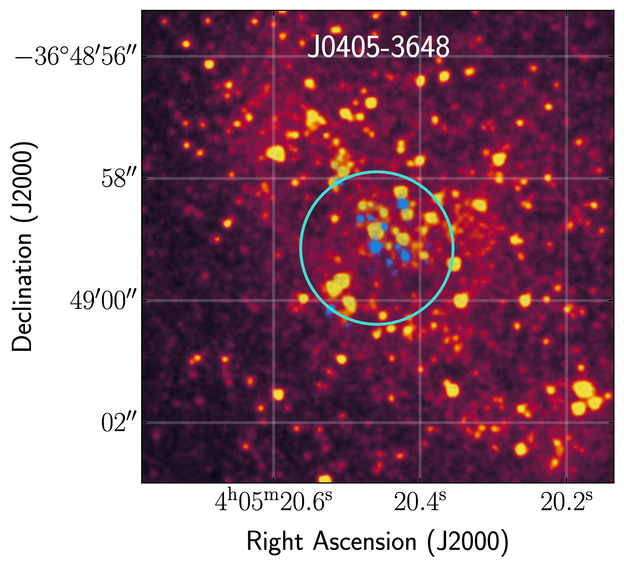 An image of the galaxy plotted by sky coordinates RA and dec. The galaxy is centered with yellow denoting its brighter parts and purple denoting its fainter parts.
