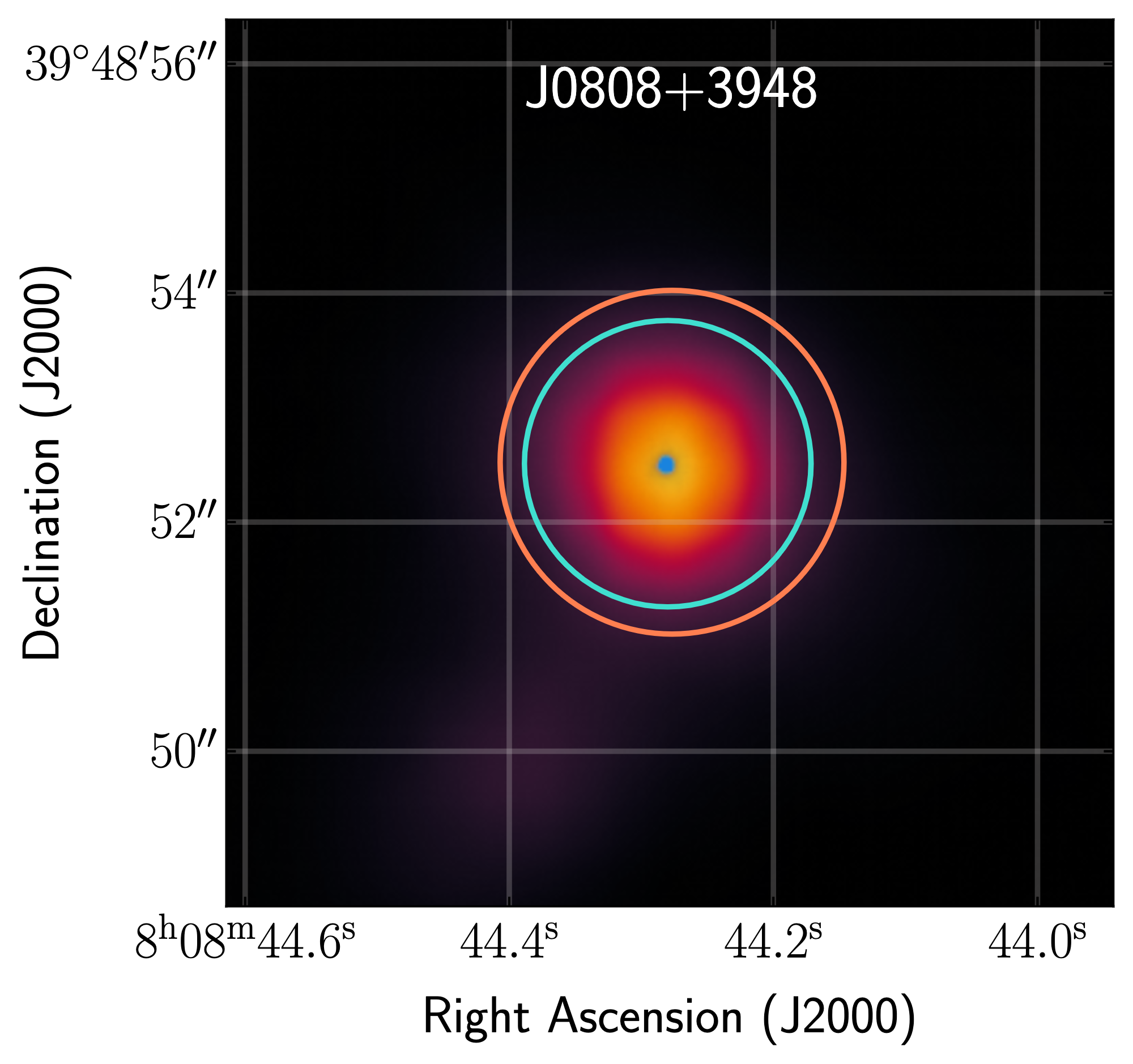An image of the galaxy plotted by sky coordinates RA and dec. The galaxy is centered with yellow denoting its brighter parts and purple denoting its fainter parts.