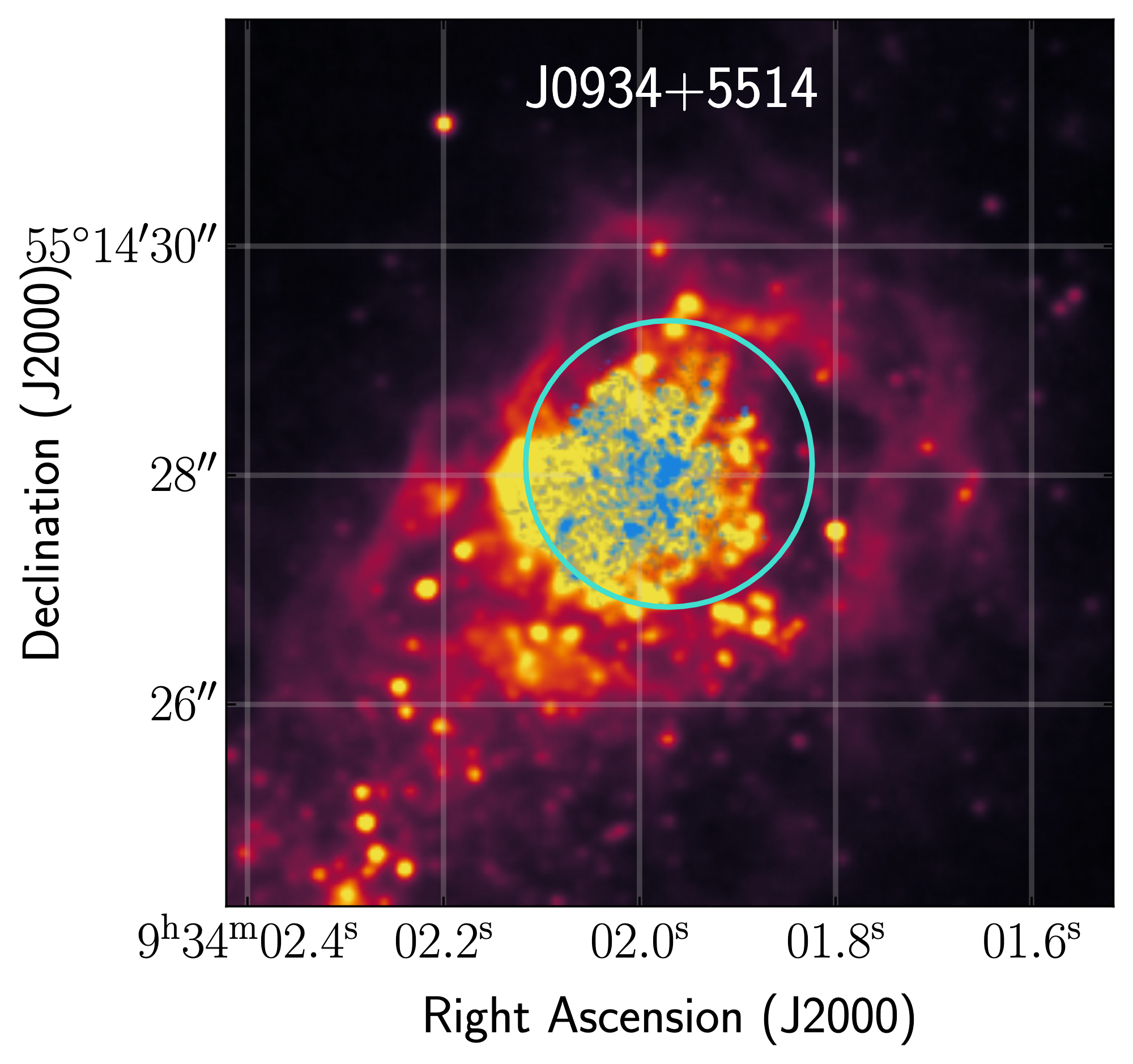 An image of the galaxy plotted by sky coordinates RA and dec. The galaxy is centered with yellow denoting its brighter parts and purple denoting its fainter parts.