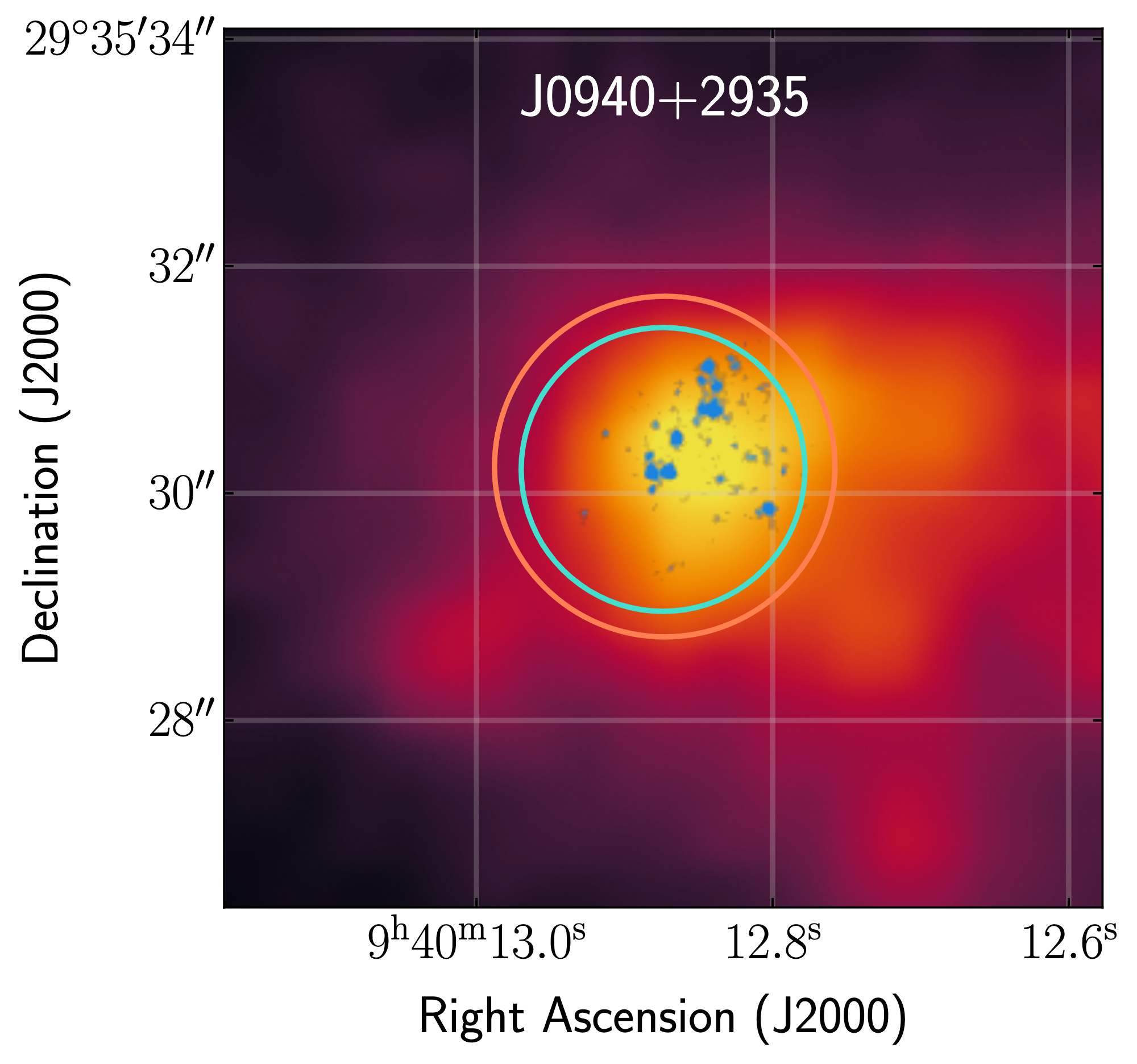 An image of the galaxy plotted by sky coordinates RA and dec. The galaxy is centered with yellow denoting its brighter parts and purple denoting its fainter parts.
