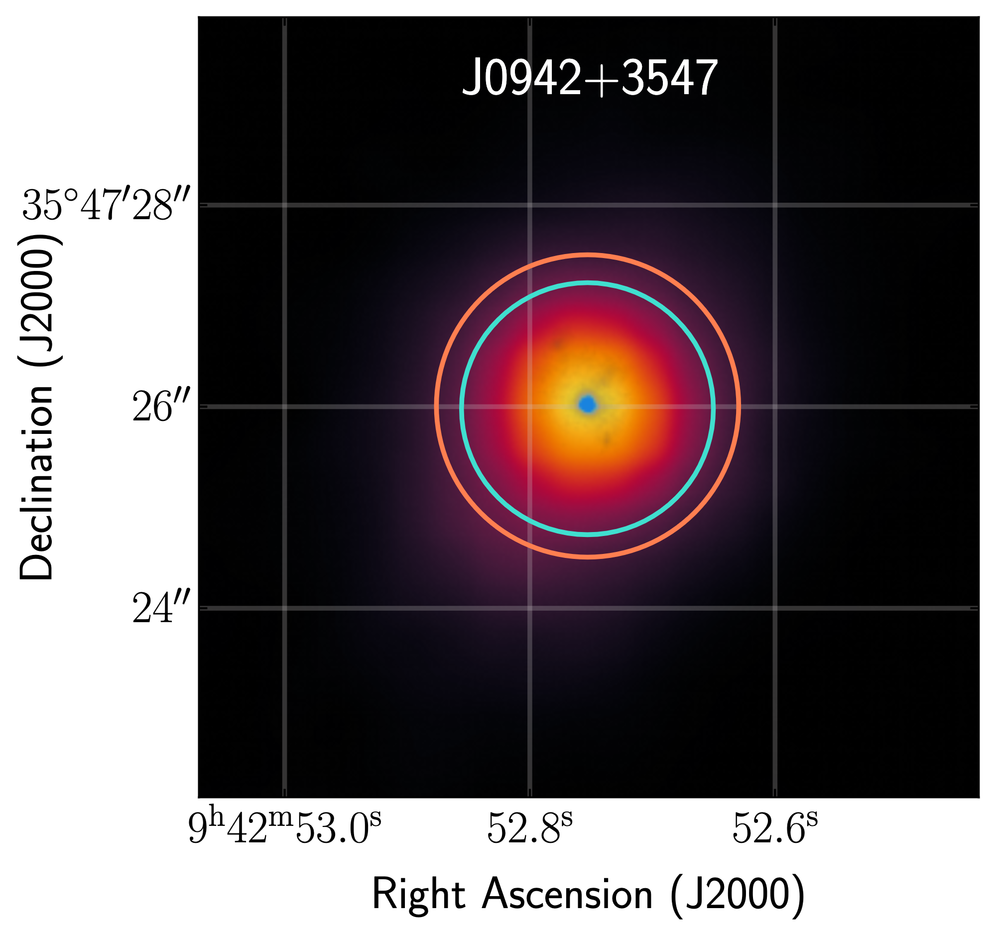 An image of the galaxy plotted by sky coordinates RA and dec. The galaxy is centered with yellow denoting its brighter parts and purple denoting its fainter parts.