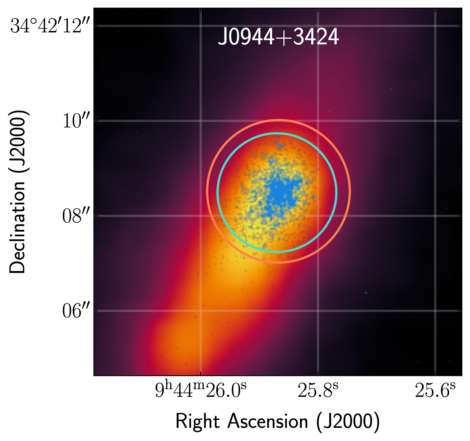 An image of the galaxy plotted by sky coordinates RA and dec. The galaxy is centered with yellow denoting its brighter parts and purple denoting its fainter parts.