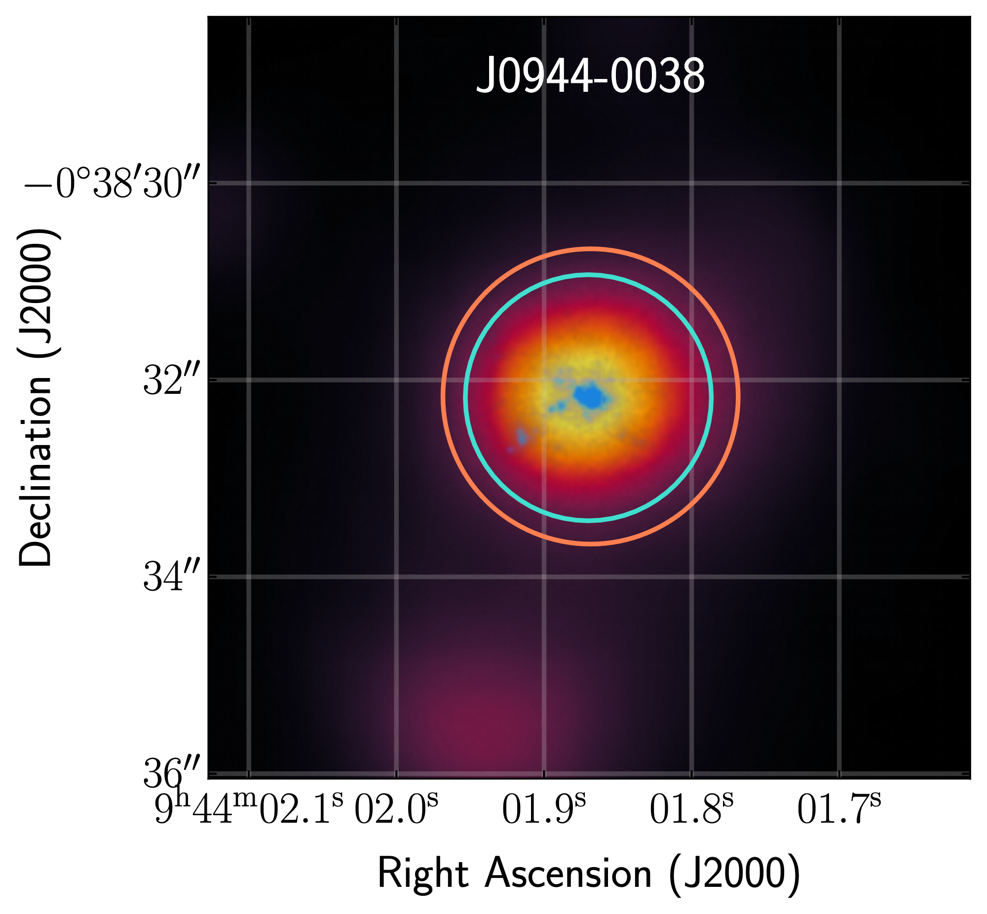 An image of the galaxy plotted by sky coordinates RA and dec. The galaxy is centered with yellow denoting its brighter parts and purple denoting its fainter parts.