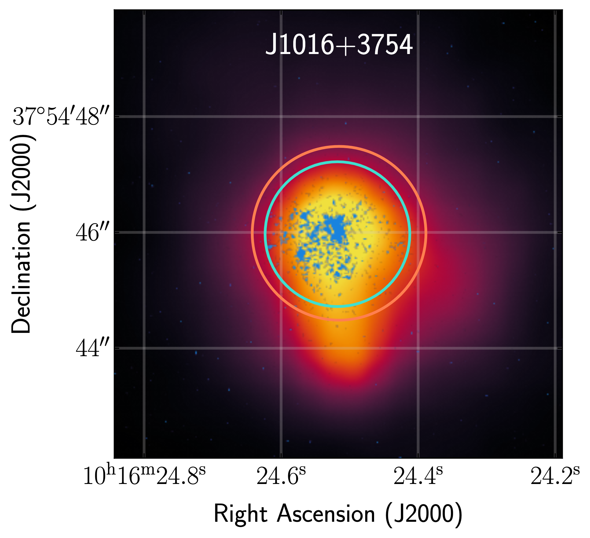 An image of the galaxy plotted by sky coordinates RA and dec. The galaxy is centered with yellow denoting its brighter parts and purple denoting its fainter parts.
