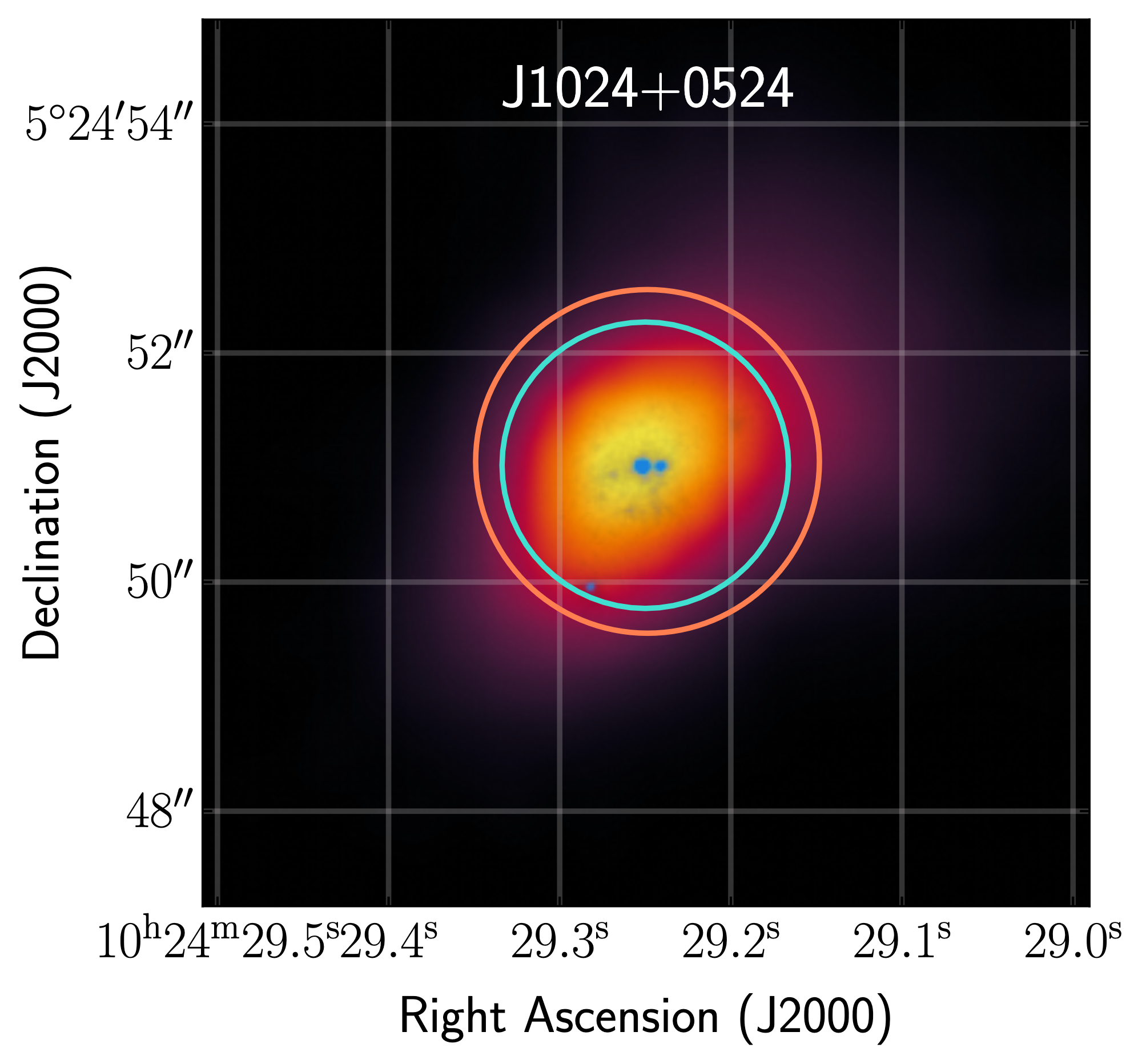 An image of the galaxy plotted by sky coordinates RA and dec. The galaxy is centered with yellow denoting its brighter parts and purple denoting its fainter parts.