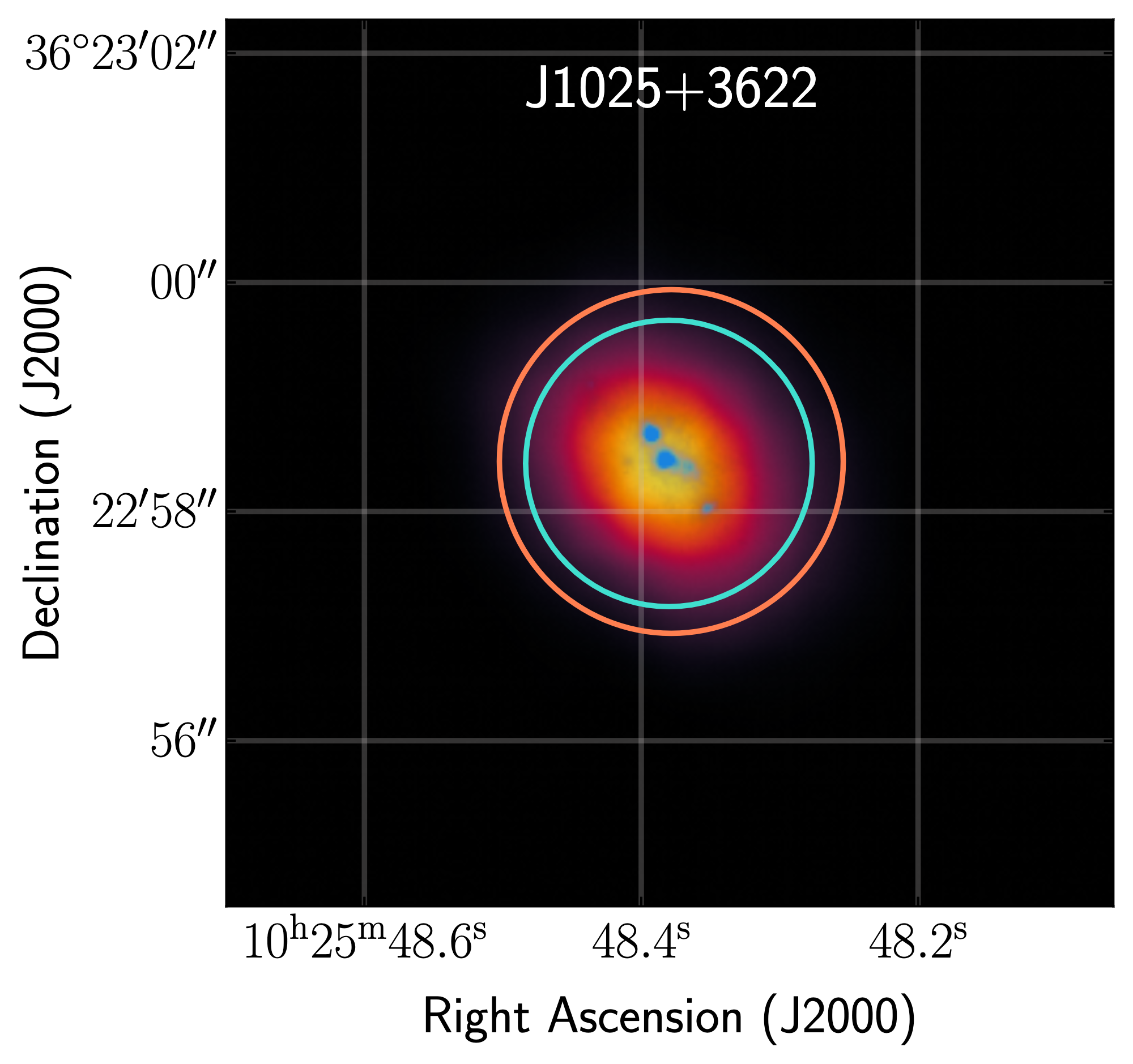 An image of the galaxy plotted by sky coordinates RA and dec. The galaxy is centered with yellow denoting its brighter parts and purple denoting its fainter parts.