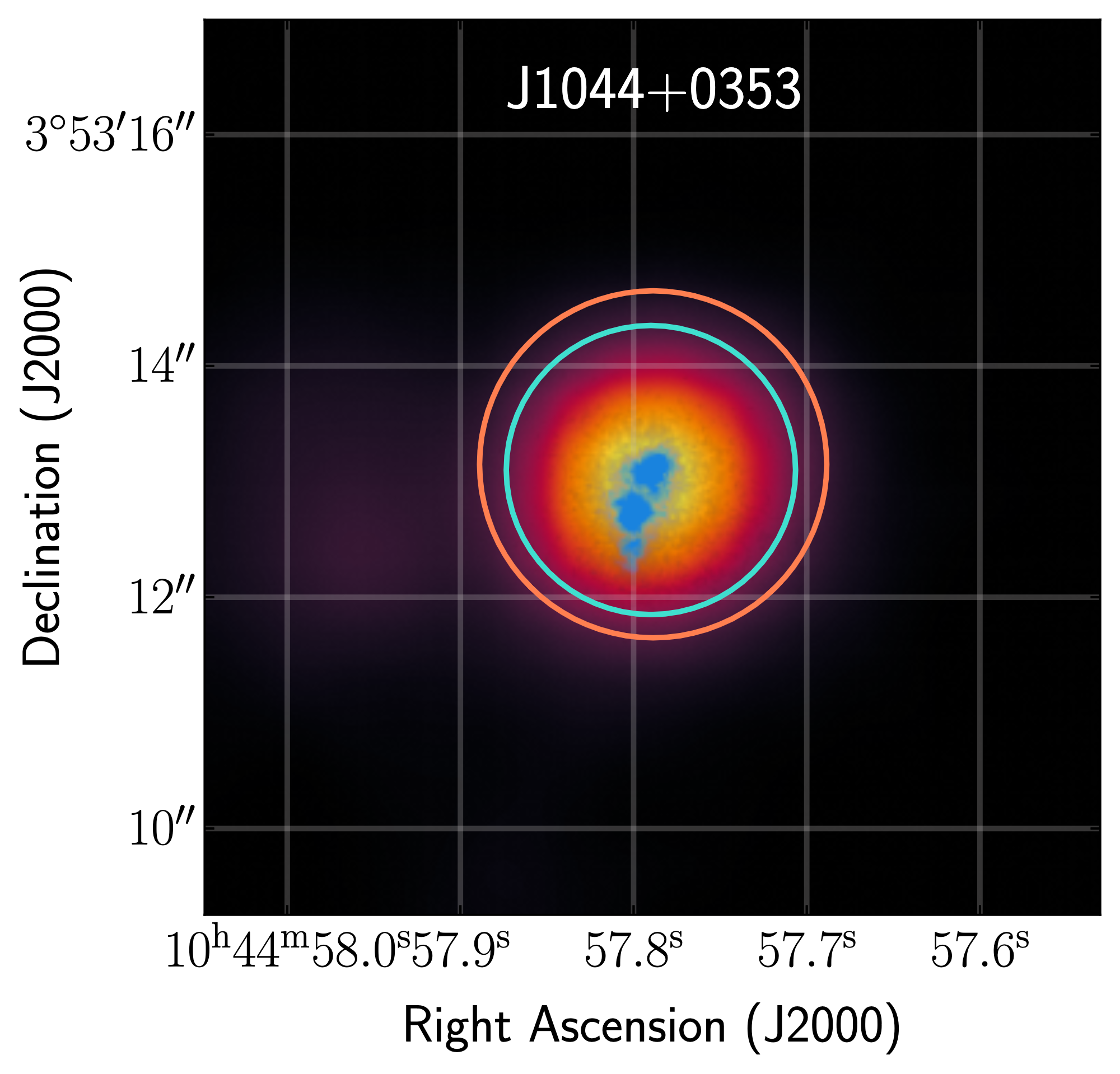 An image of the galaxy plotted by sky coordinates RA and dec. The galaxy is centered with yellow denoting its brighter parts and purple denoting its fainter parts.