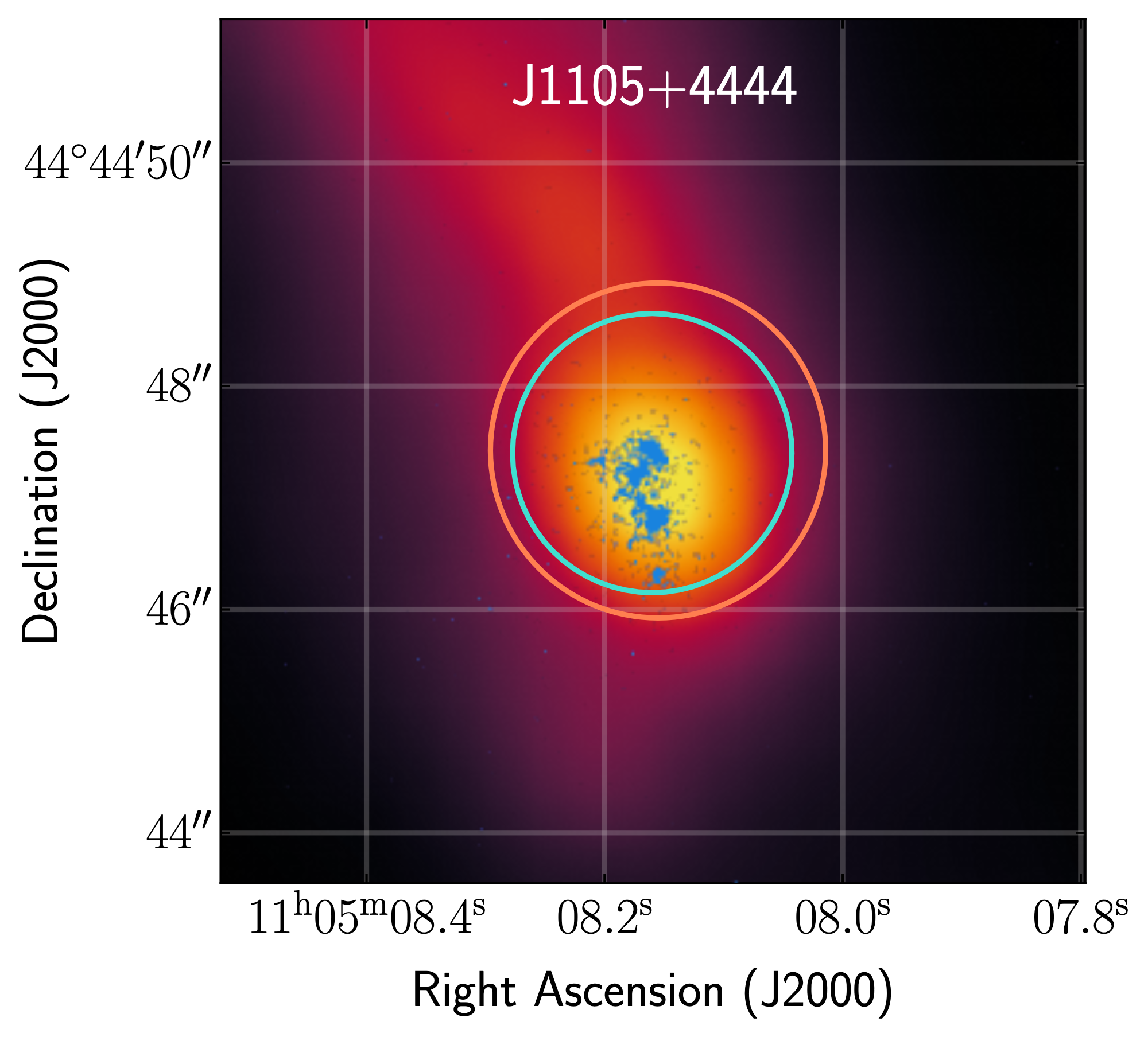 An image of the galaxy plotted by sky coordinates RA and dec. The galaxy is centered with yellow denoting its brighter parts and purple denoting its fainter parts.