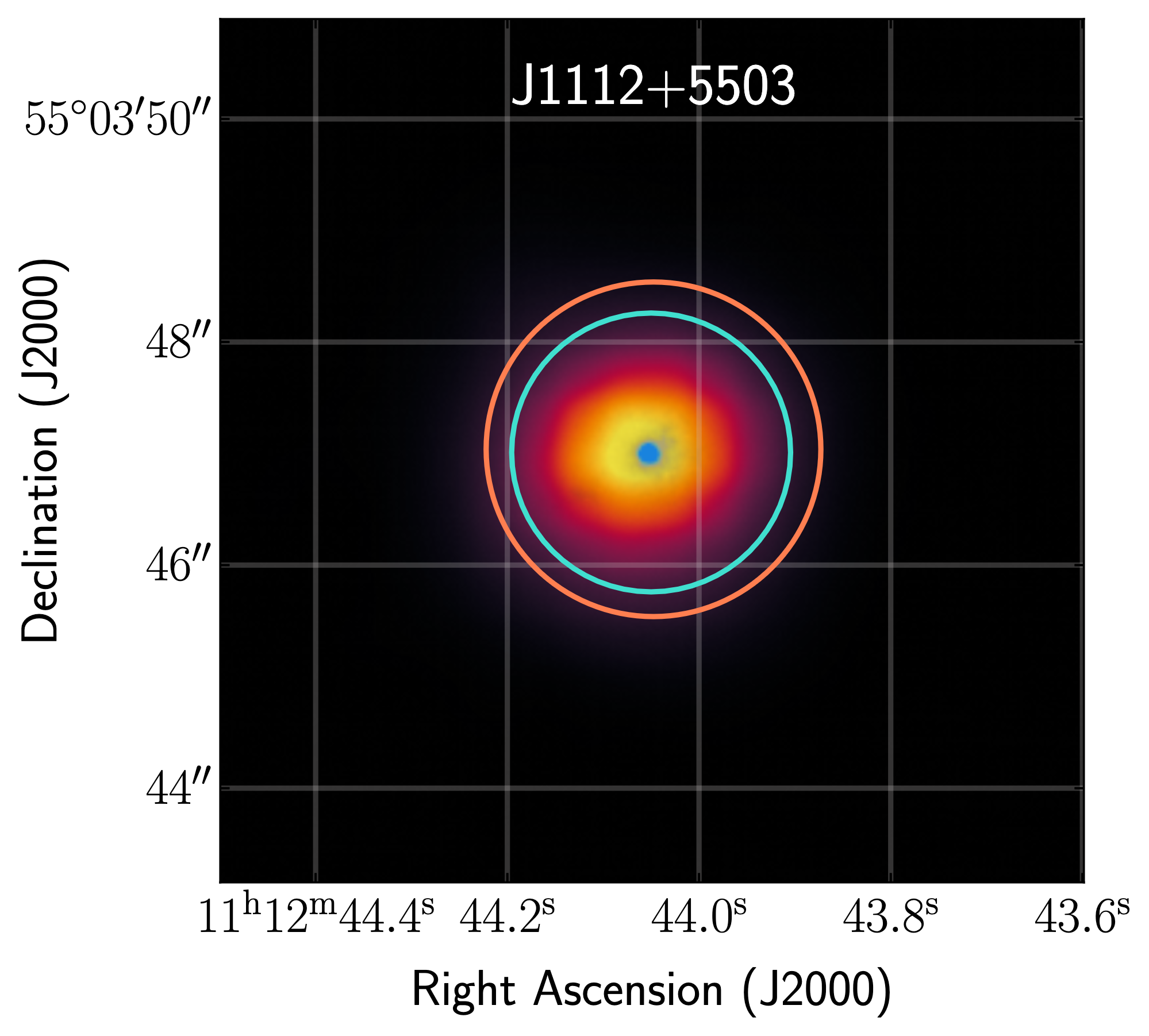 An image of the galaxy plotted by sky coordinates RA and dec. The galaxy is centered with yellow denoting its brighter parts and purple denoting its fainter parts.