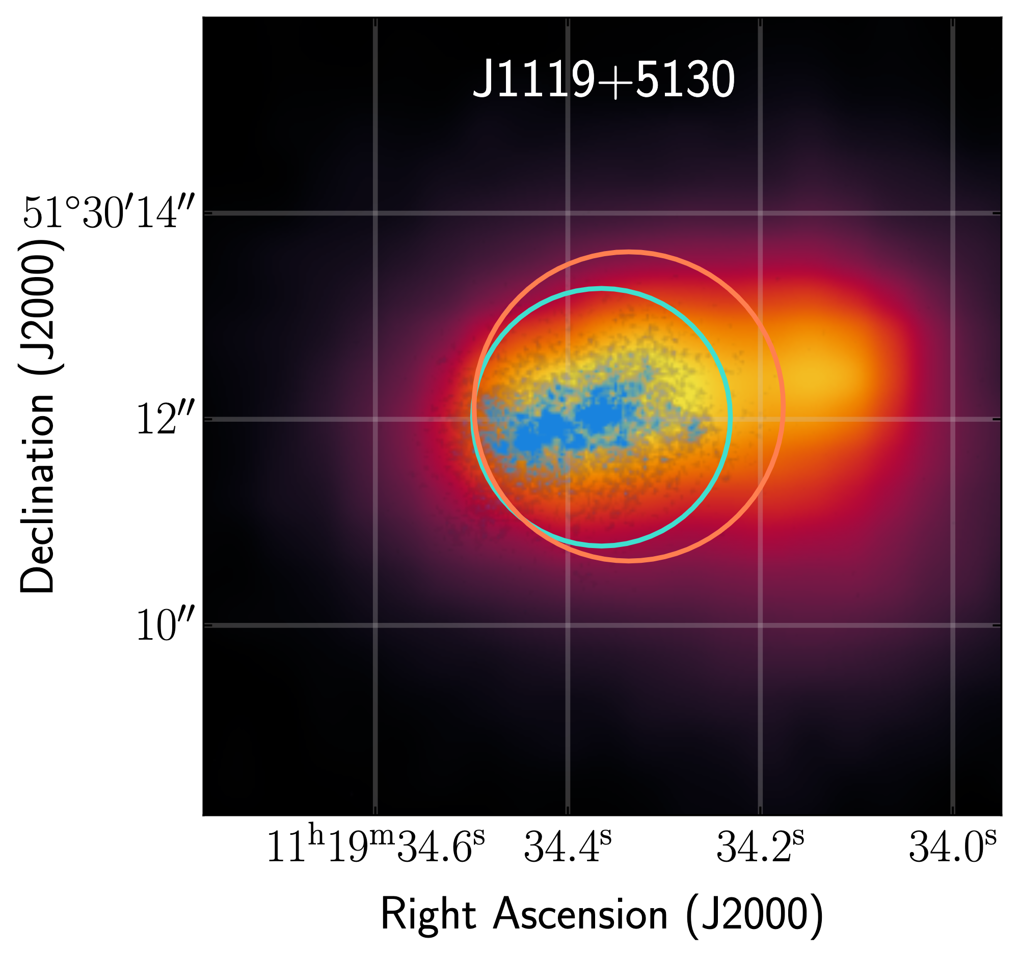 An image of the galaxy plotted by sky coordinates RA and dec. The galaxy is centered with yellow denoting its brighter parts and purple denoting its fainter parts.