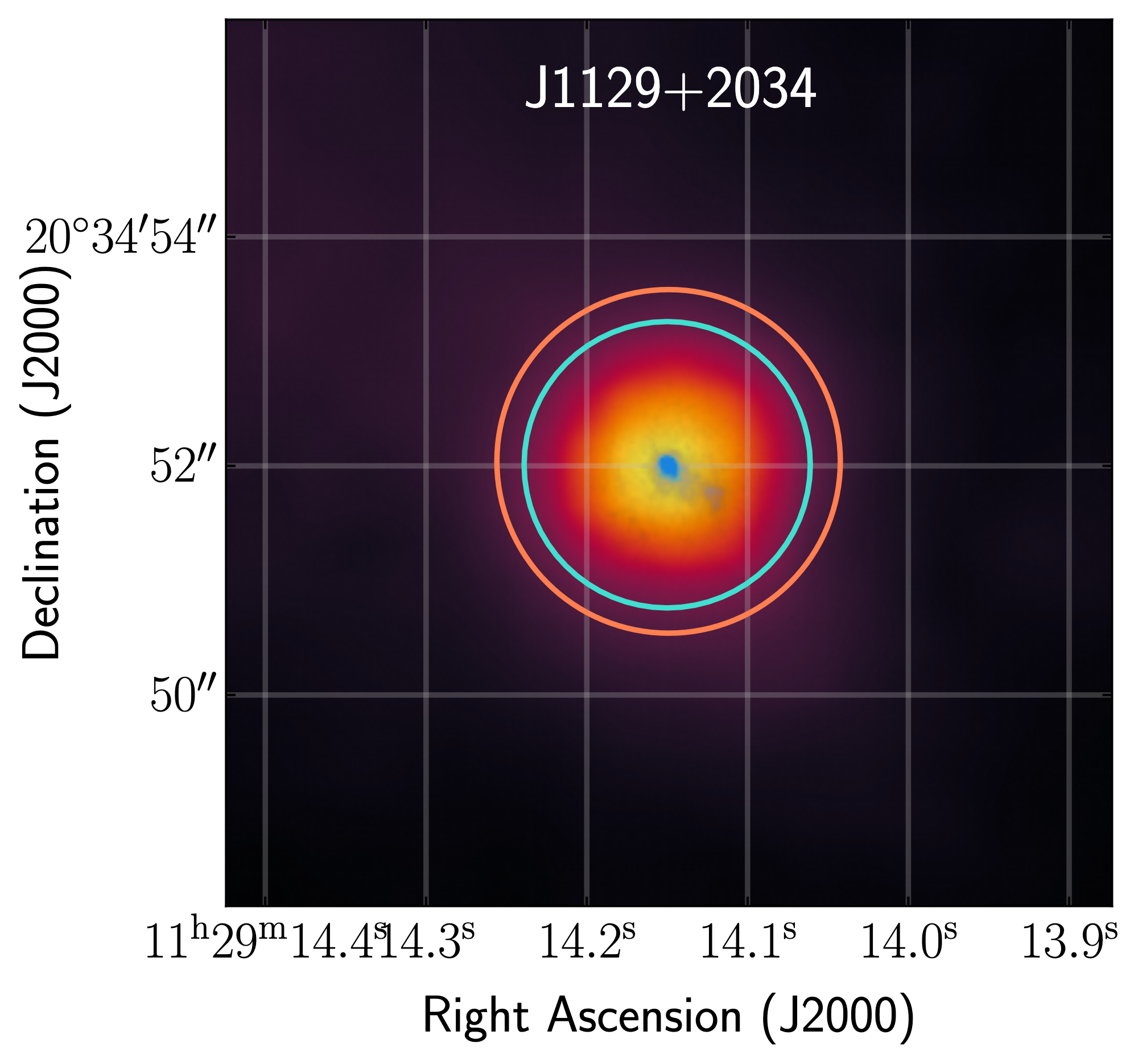 An image of the galaxy plotted by sky coordinates RA and dec. The galaxy is centered with yellow denoting its brighter parts and purple denoting its fainter parts.