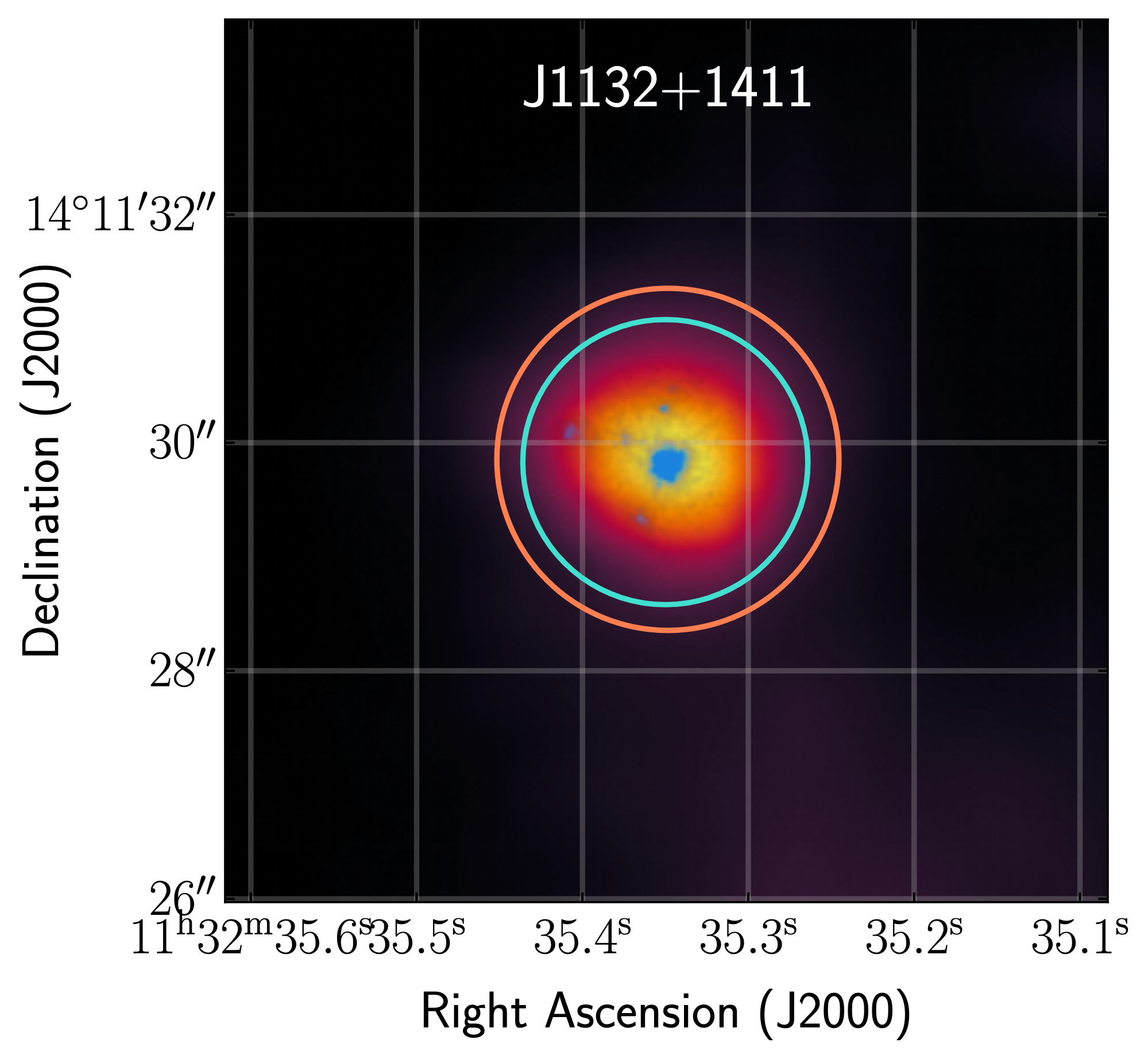 An image of the galaxy plotted by sky coordinates RA and dec. The galaxy is centered with yellow denoting its brighter parts and purple denoting its fainter parts.