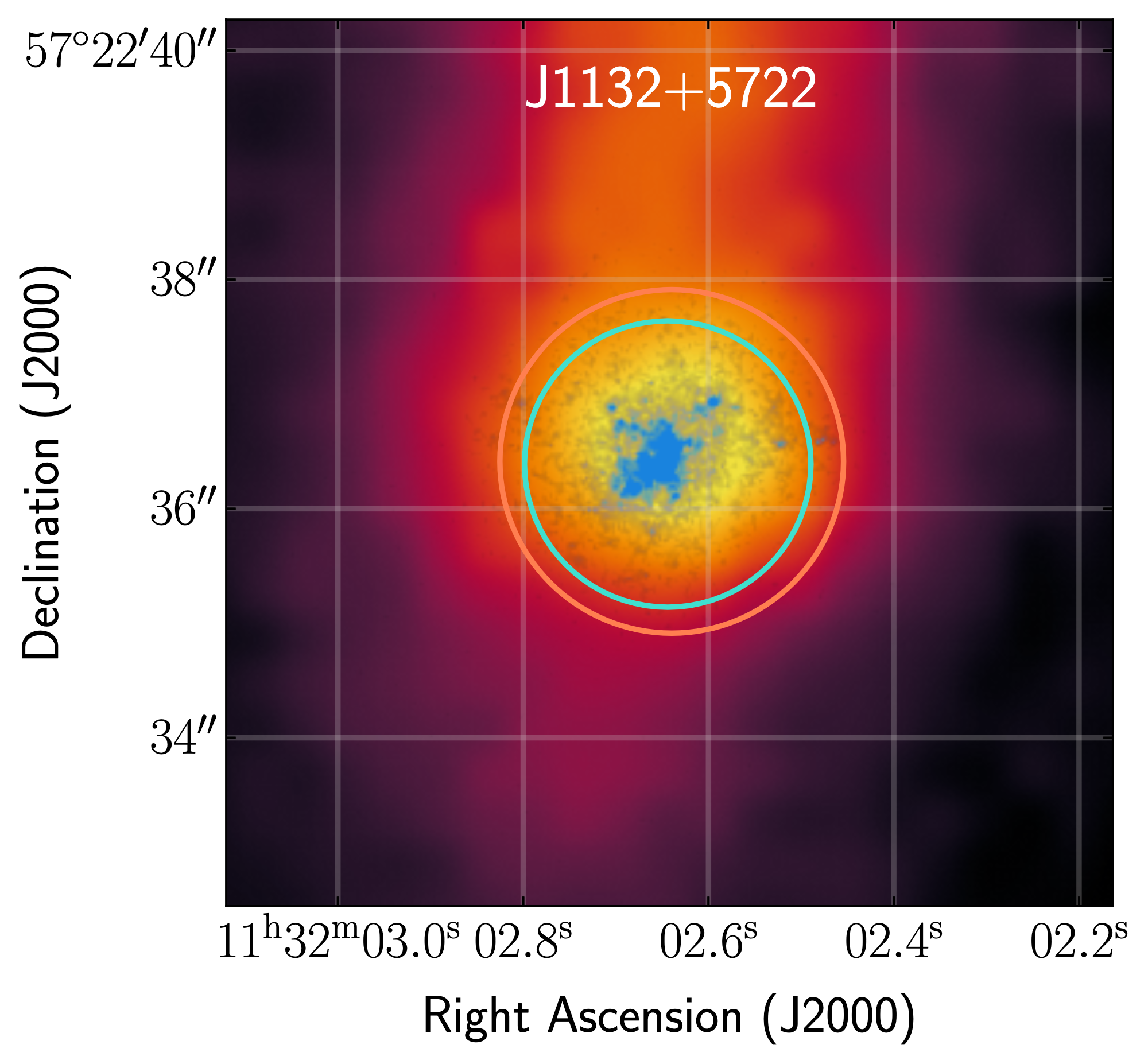 An image of the galaxy plotted by sky coordinates RA and dec. The galaxy is centered with yellow denoting its brighter parts and purple denoting its fainter parts.
