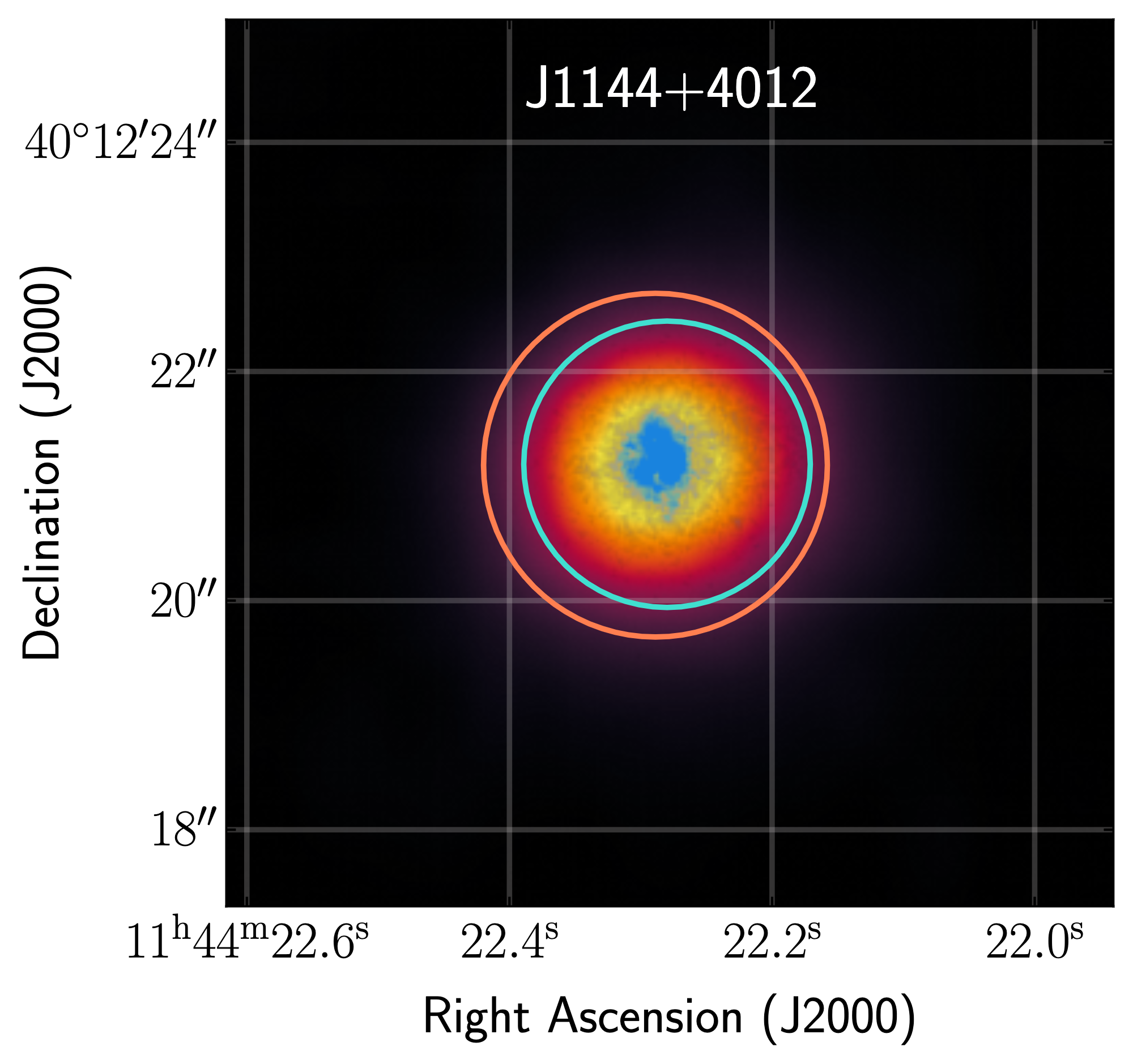An image of the galaxy plotted by sky coordinates RA and dec. The galaxy is centered with yellow denoting its brighter parts and purple denoting its fainter parts.