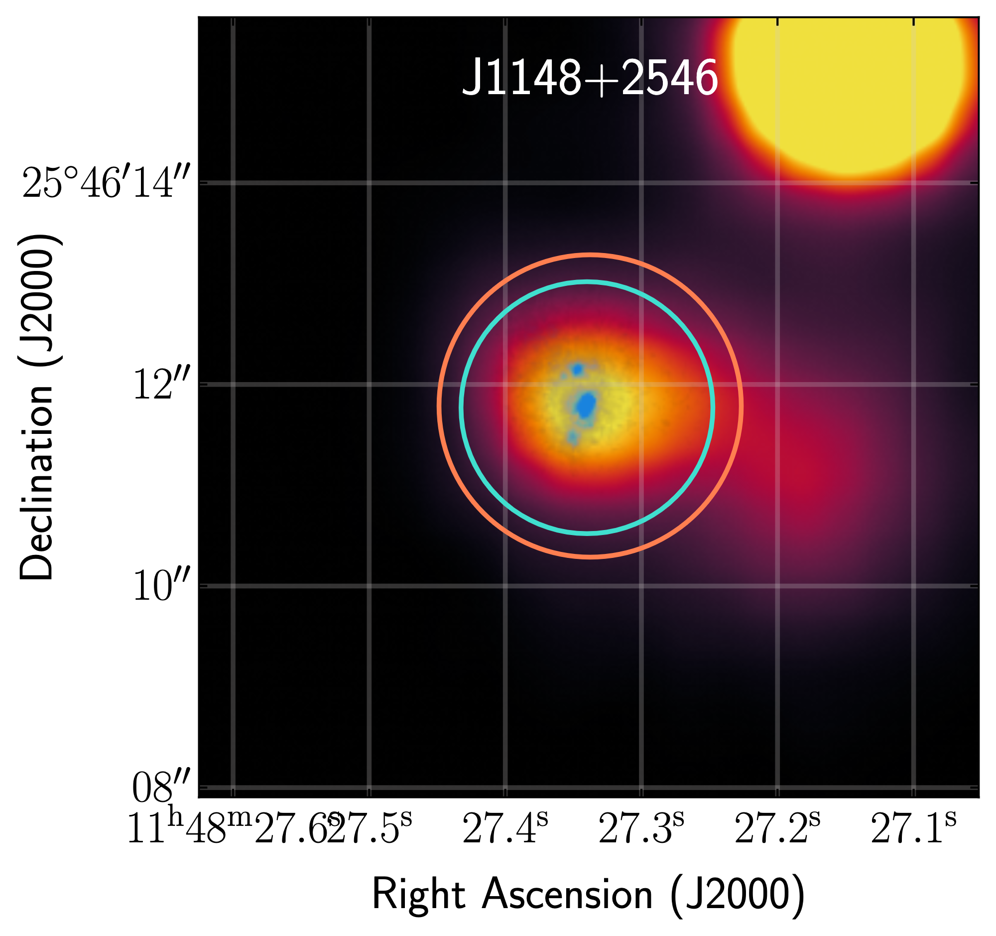 An image of the galaxy plotted by sky coordinates RA and dec. The galaxy is centered with yellow denoting its brighter parts and purple denoting its fainter parts.