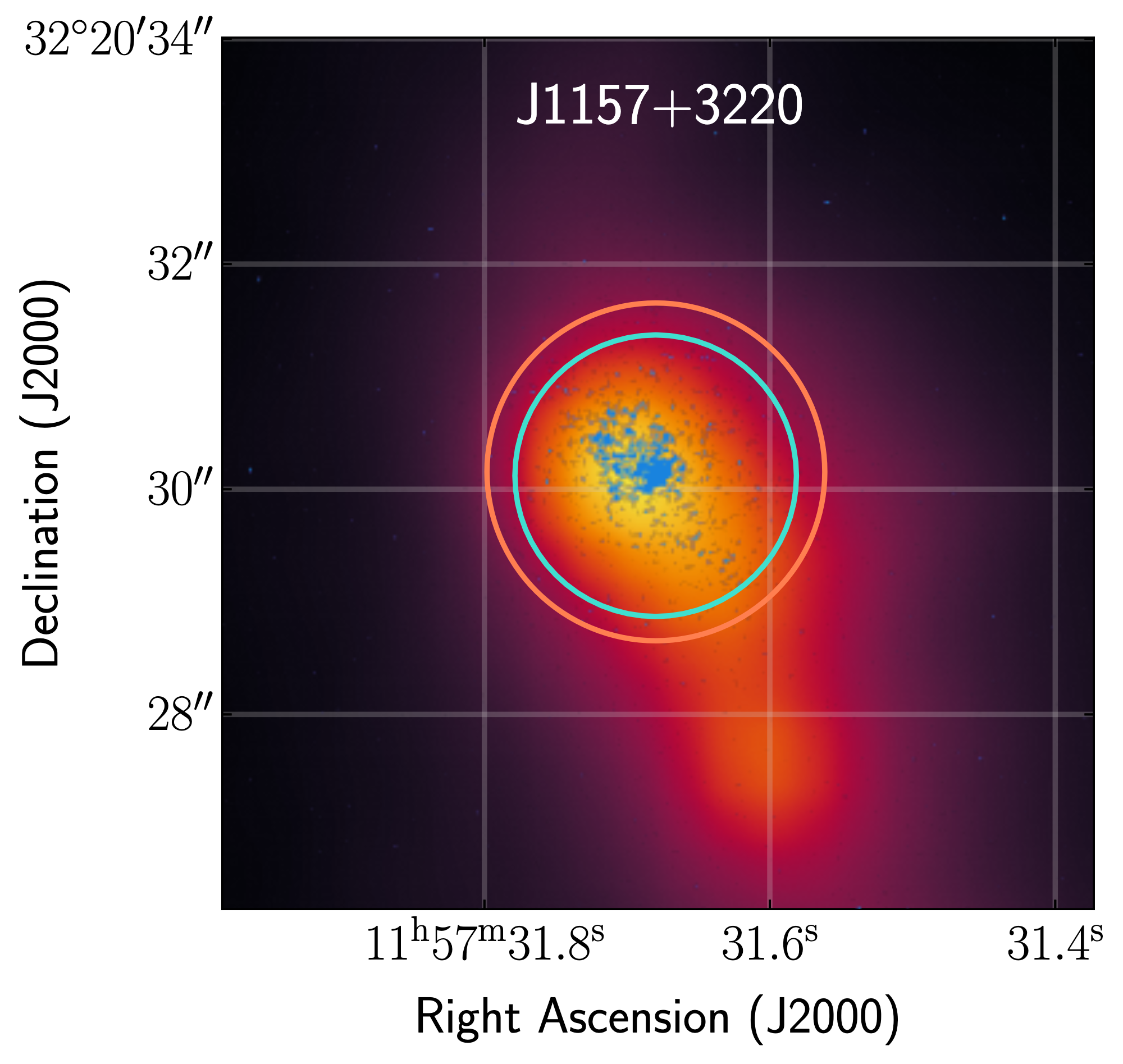 An image of the galaxy plotted by sky coordinates RA and dec. The galaxy is centered with yellow denoting its brighter parts and purple denoting its fainter parts.