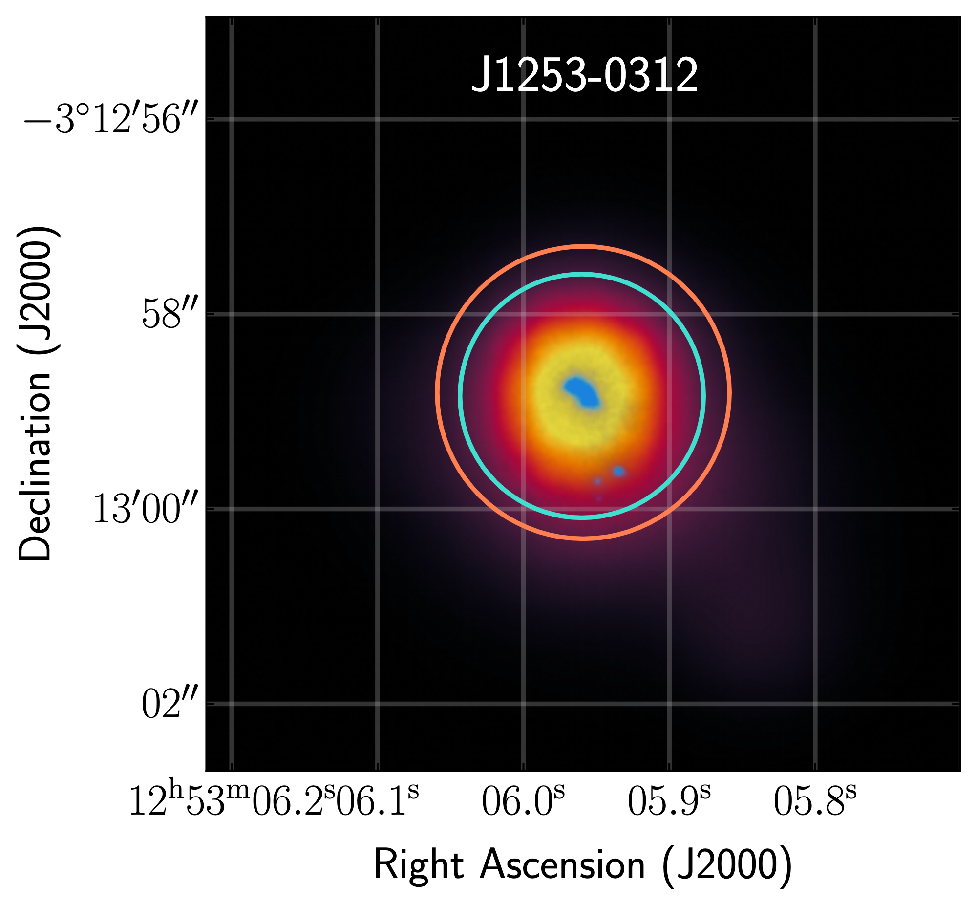 An image of the galaxy plotted by sky coordinates RA and dec. The galaxy is centered with yellow denoting its brighter parts and purple denoting its fainter parts.
