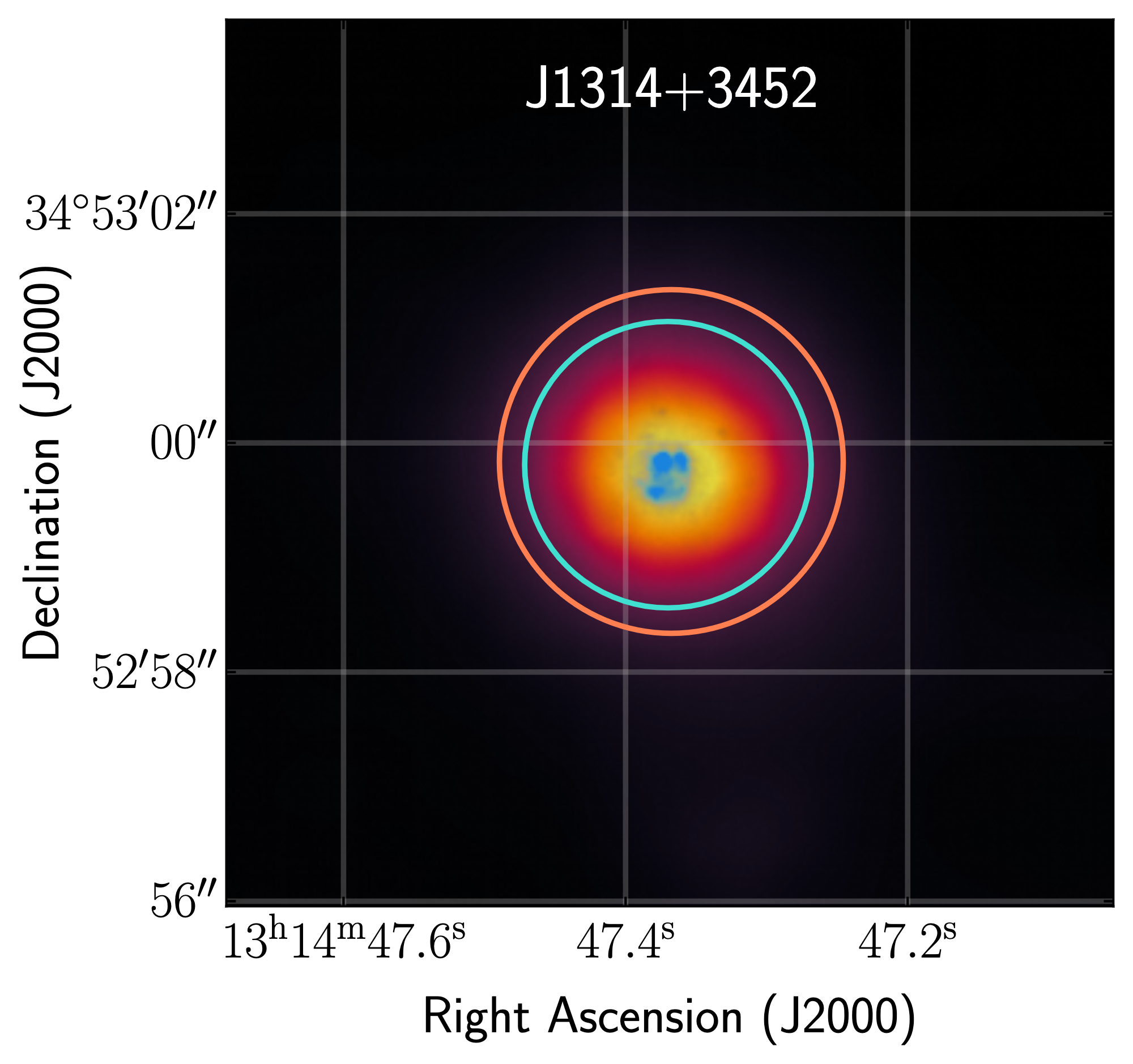 An image of the galaxy plotted by sky coordinates RA and dec. The galaxy is centered with yellow denoting its brighter parts and purple denoting its fainter parts.