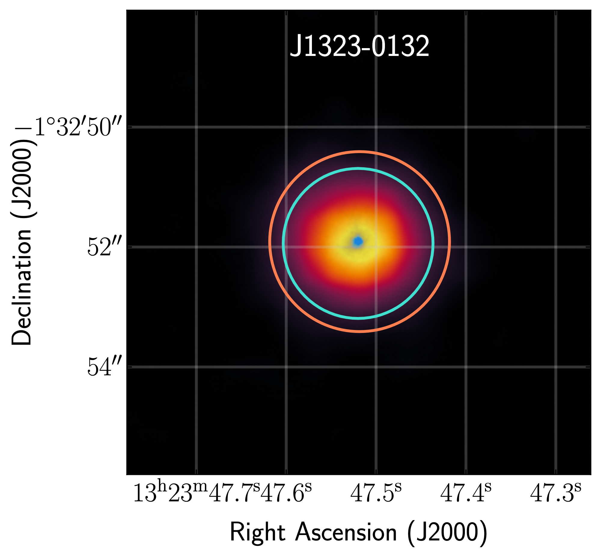 An image of the galaxy plotted by sky coordinates RA and dec. The galaxy is centered with yellow denoting its brighter parts and purple denoting its fainter parts.