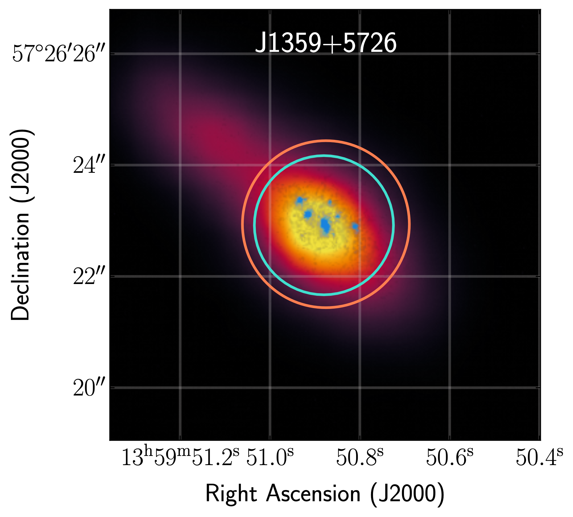 An image of the galaxy plotted by sky coordinates RA and dec. The galaxy is centered with yellow denoting its brighter parts and purple denoting its fainter parts.