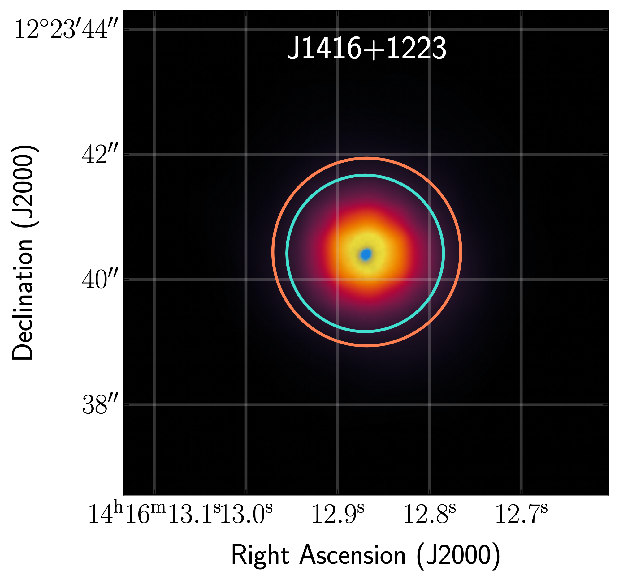 An image of the galaxy plotted by sky coordinates RA and dec. The galaxy is centered with yellow denoting its brighter parts and purple denoting its fainter parts.