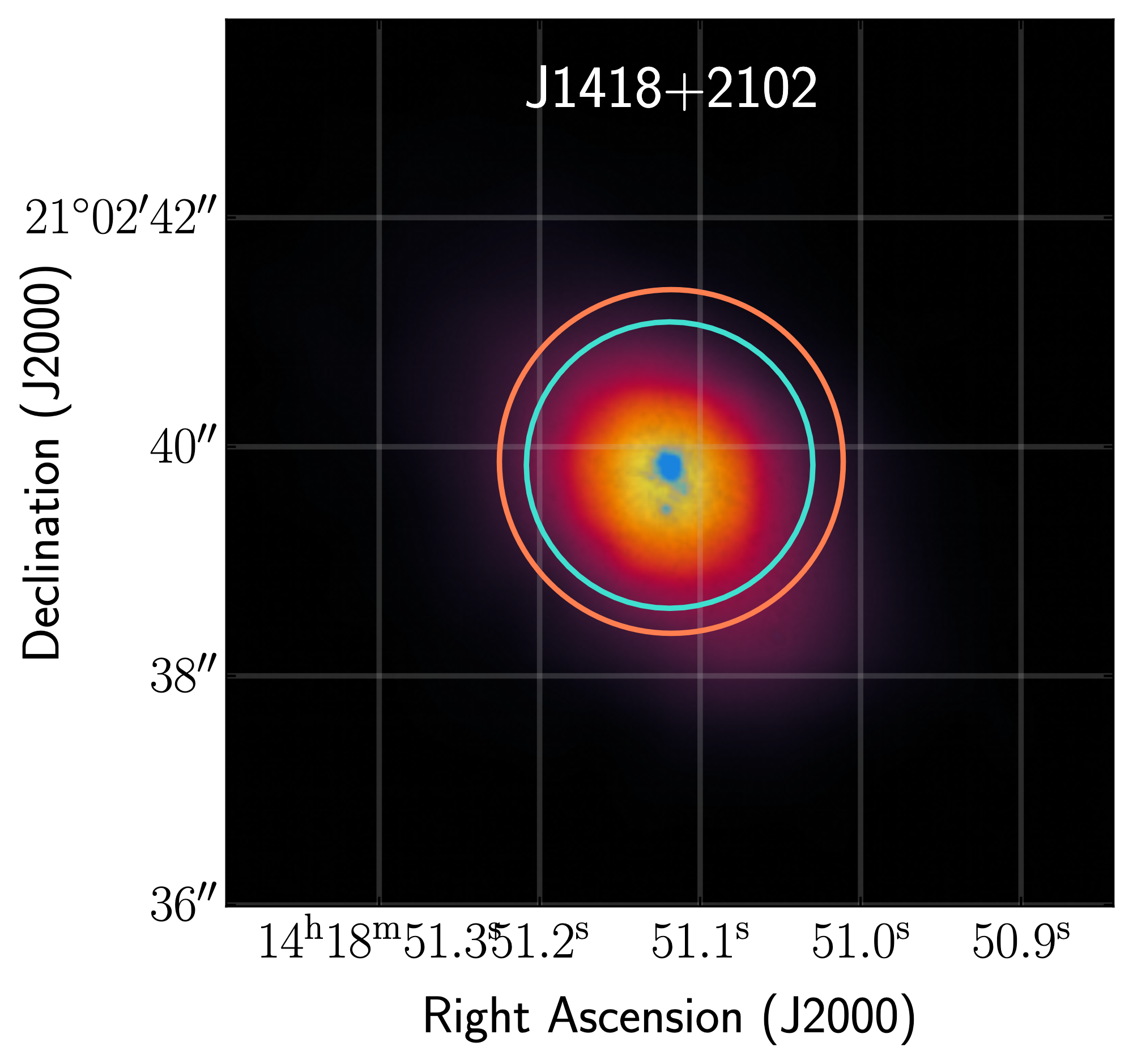 An image of the galaxy plotted by sky coordinates RA and dec. The galaxy is centered with yellow denoting its brighter parts and purple denoting its fainter parts.
