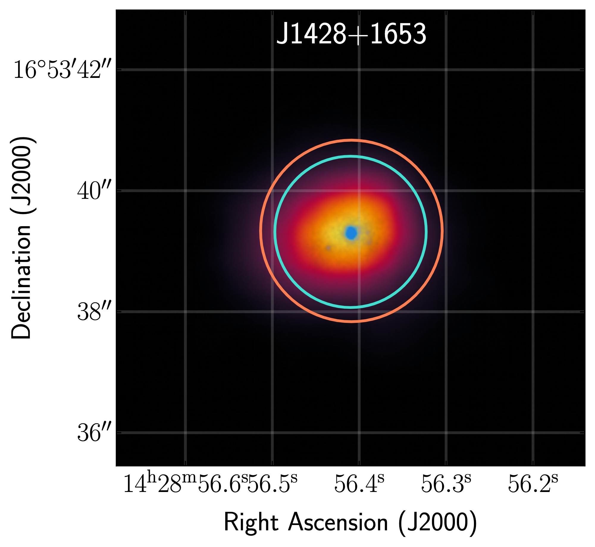 An image of the galaxy plotted by sky coordinates RA and dec. The galaxy is centered with yellow denoting its brighter parts and purple denoting its fainter parts.