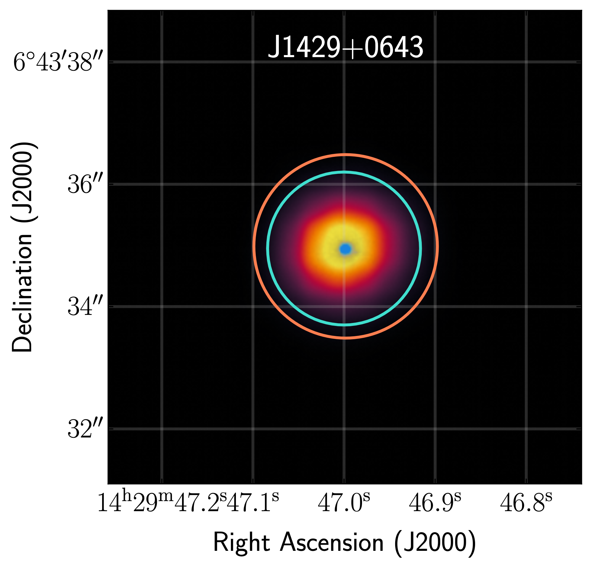 An image of the galaxy plotted by sky coordinates RA and dec. The galaxy is centered with yellow denoting its brighter parts and purple denoting its fainter parts.