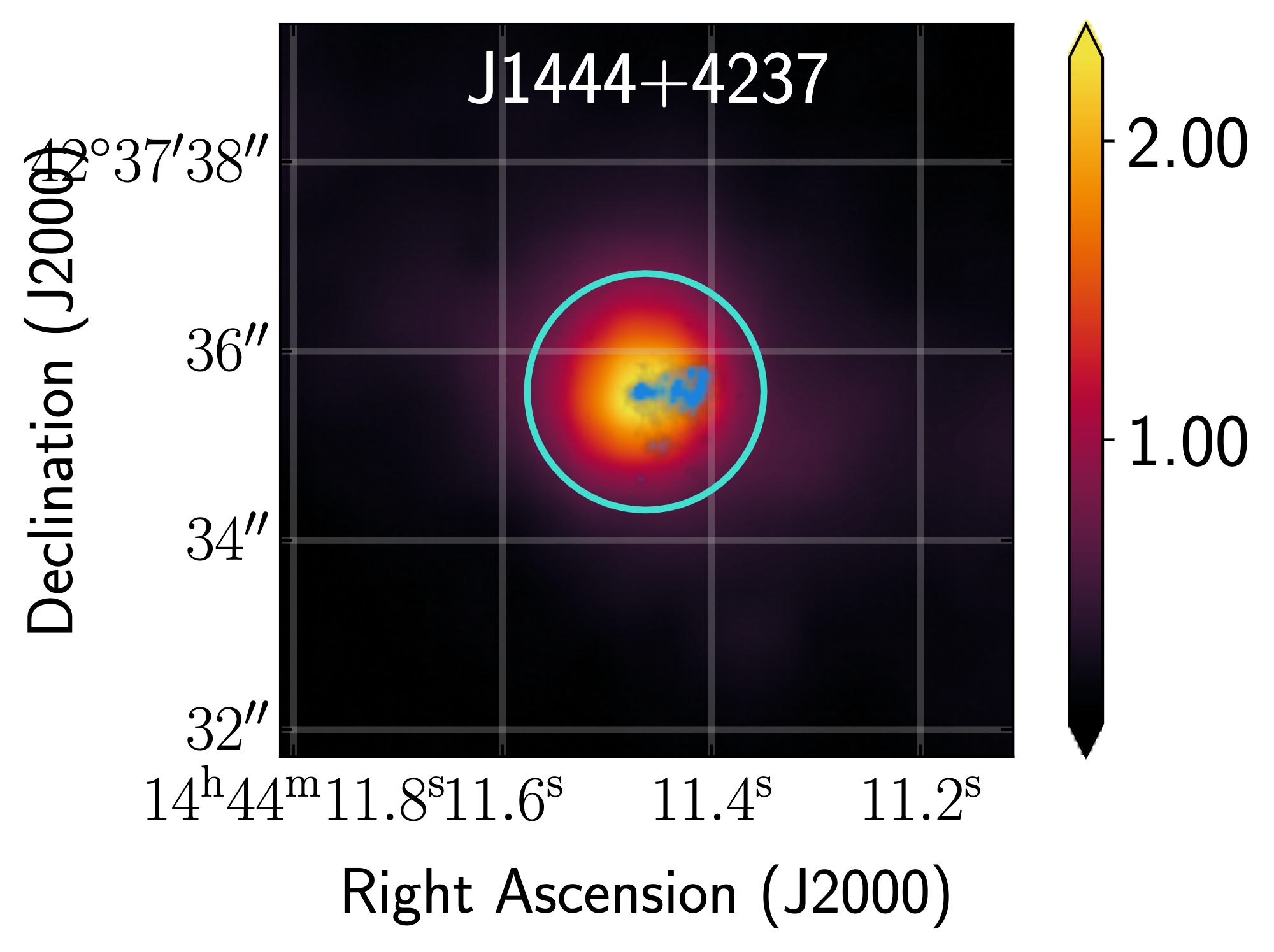 An image of the galaxy plotted by sky coordinates RA and dec. The galaxy is centered with yellow denoting its brighter parts and purple denoting its fainter parts.