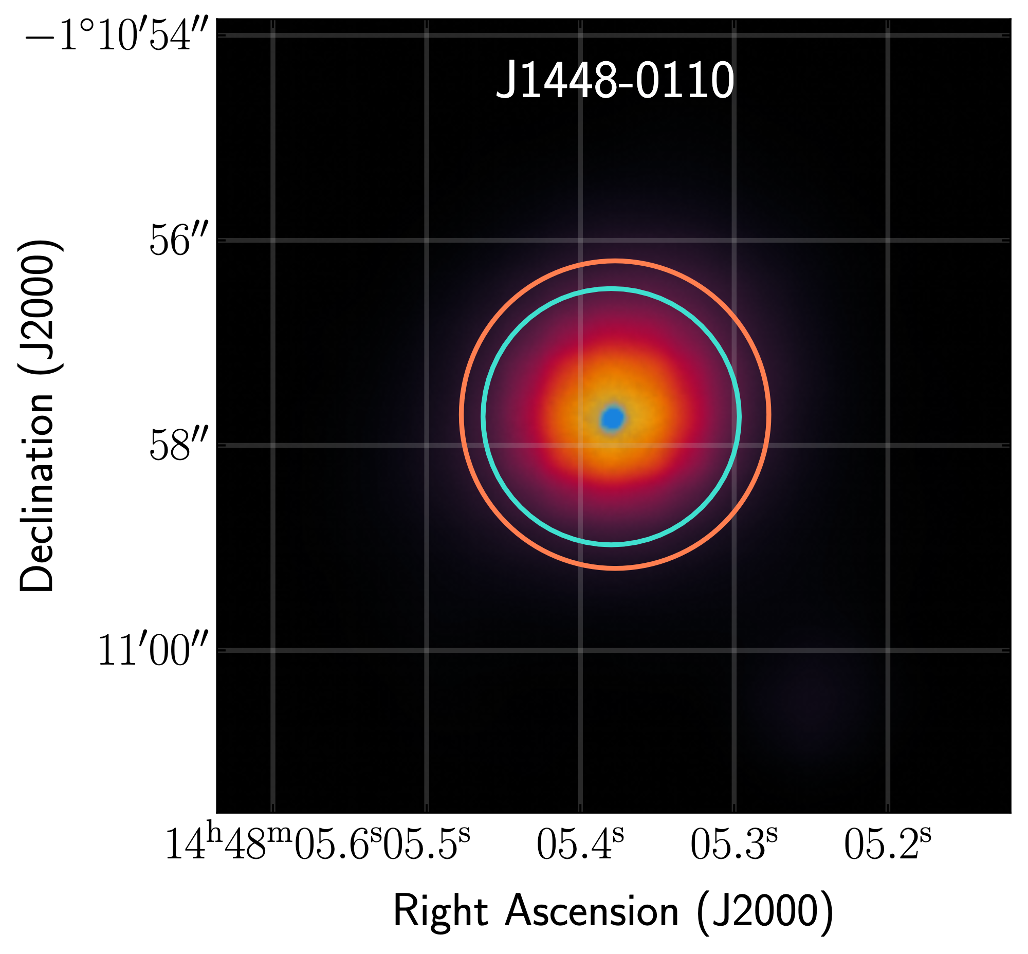 An image of the galaxy plotted by sky coordinates RA and dec. The galaxy is centered with yellow denoting its brighter parts and purple denoting its fainter parts.