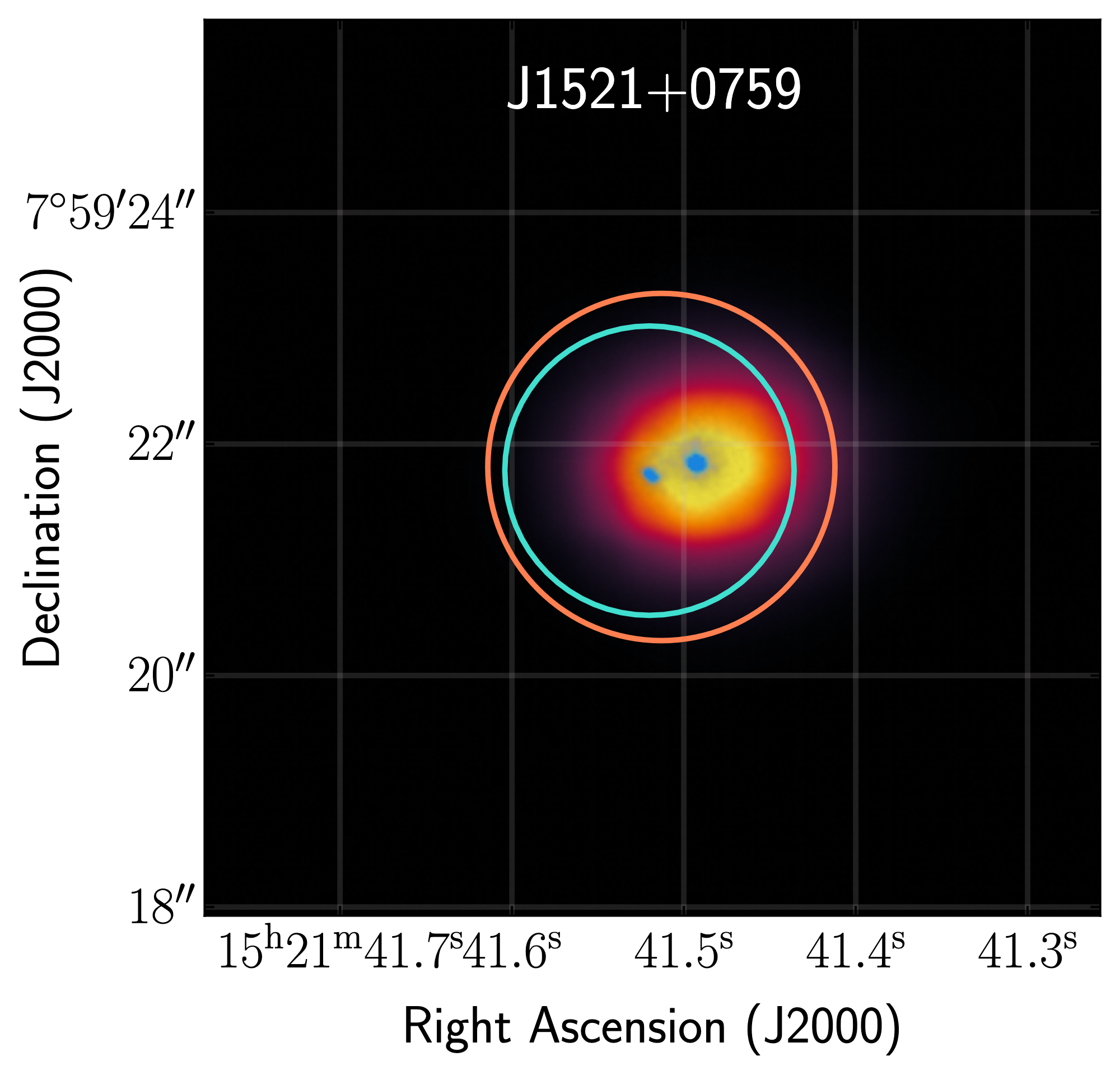 An image of the galaxy plotted by sky coordinates RA and dec. The galaxy is centered with yellow denoting its brighter parts and purple denoting its fainter parts.