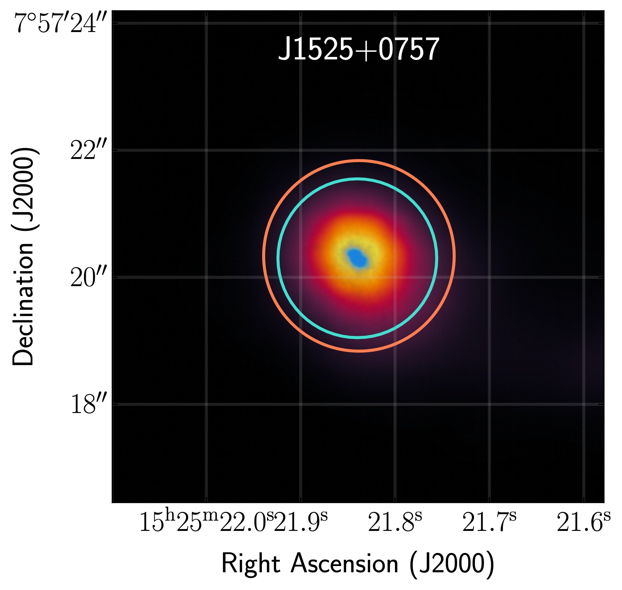 An image of the galaxy plotted by sky coordinates RA and dec. The galaxy is centered with yellow denoting its brighter parts and purple denoting its fainter parts.