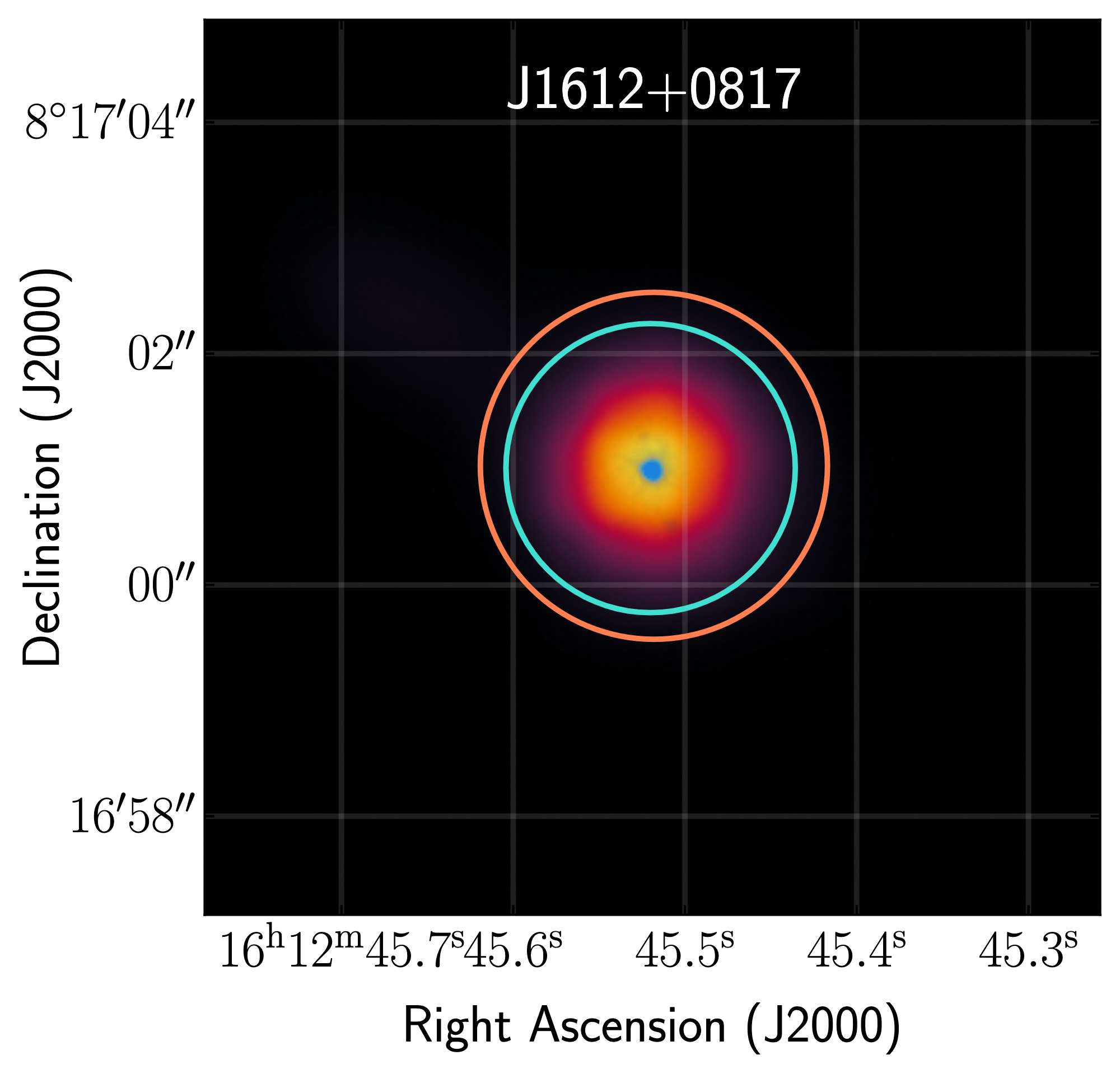 An image of the galaxy plotted by sky coordinates RA and dec. The galaxy is centered with yellow denoting its brighter parts and purple denoting its fainter parts.