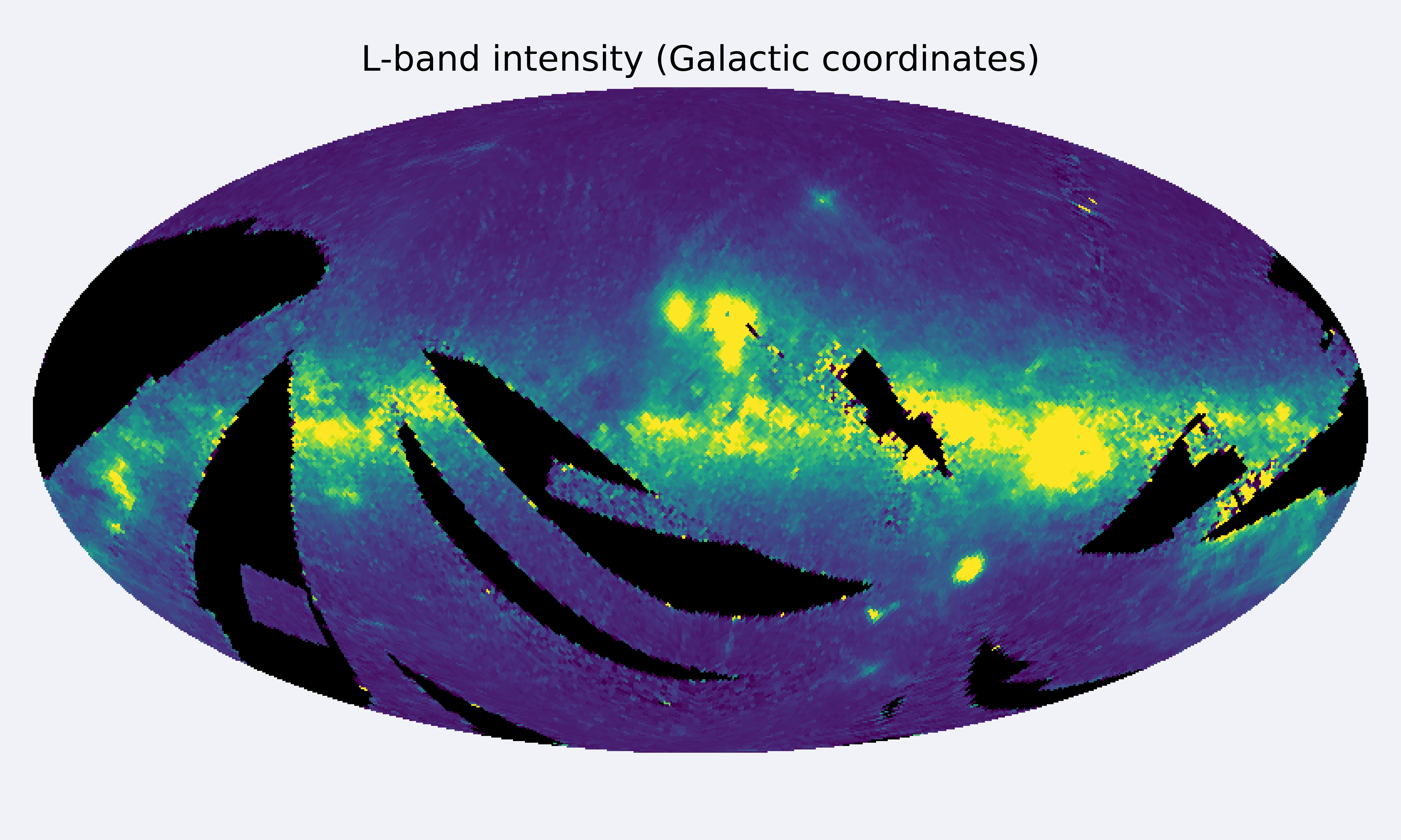 L-band map showing most of the sky, strongest in the Galaxy.