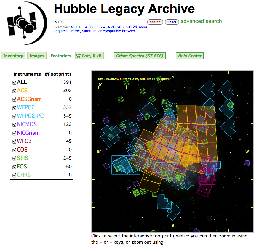 A screenshot showing the footprint display within the HLA that was based on Flash. Footprints are shown over a sky background in different colors based on instrument.