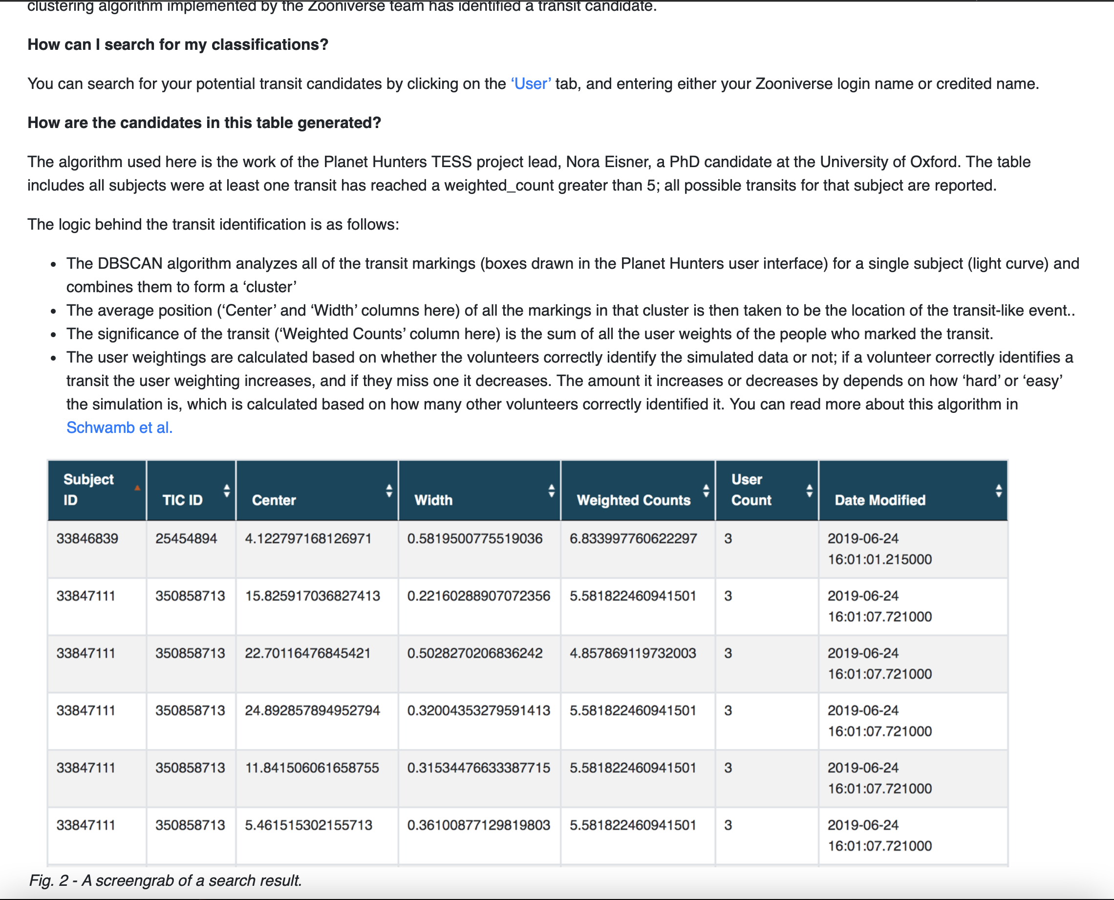 Screenshot showing a part of the About tab; included a description of the table parameters.